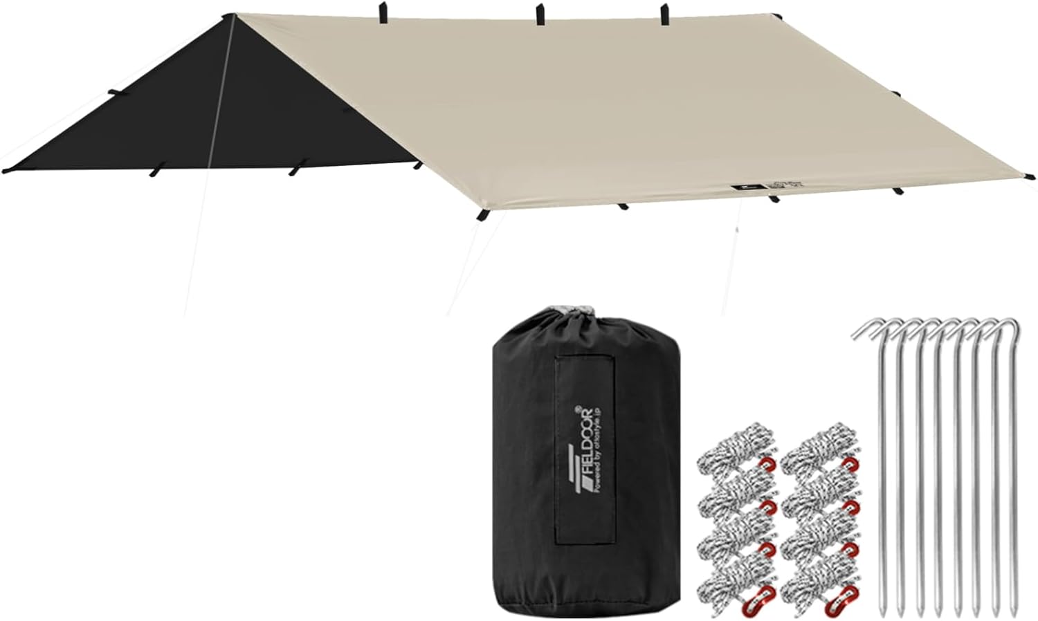 完全遮光のUVカット・高耐水スクエアタープ 280cm×280cm - ソロキャンプ・BBQ用【ライトベージュ】収納バッグ付