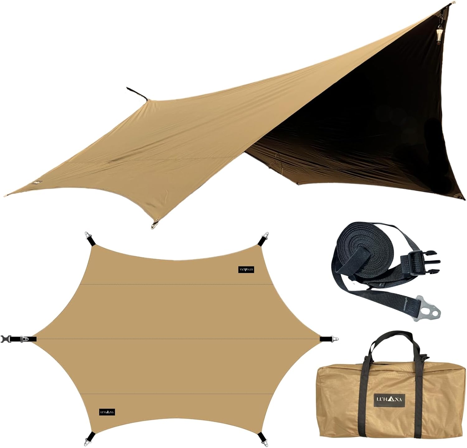 大型ヘキサタープ 難燃性ポリエステル 420×410cm 軽量 サンドベージュ