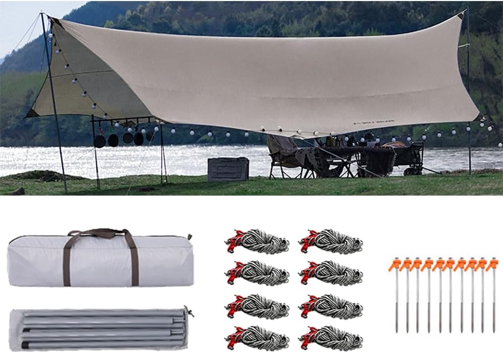 大型ヘキサタープ UVカット・遮光・耐火性・耐水性 アウトドアキャンプ用 収納袋付き 6.8M×5.76M (カーキ)