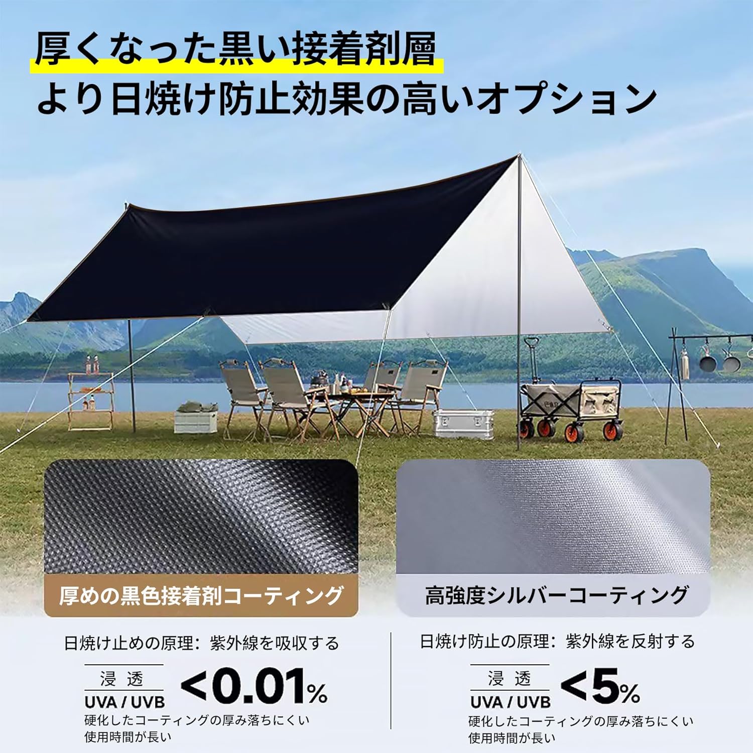 防水キャンプタープ UPF80+ 紫外線カット 軽量 ハイ耐水性 3m×4m 黒