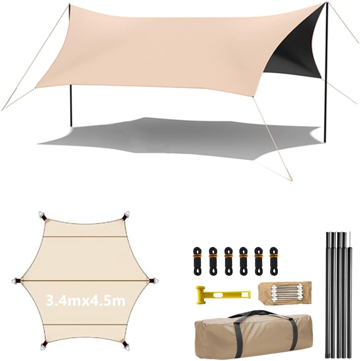 防水 UVカット ヘキサタープ 3.4m x 4.5m アウトドア キャンプ用