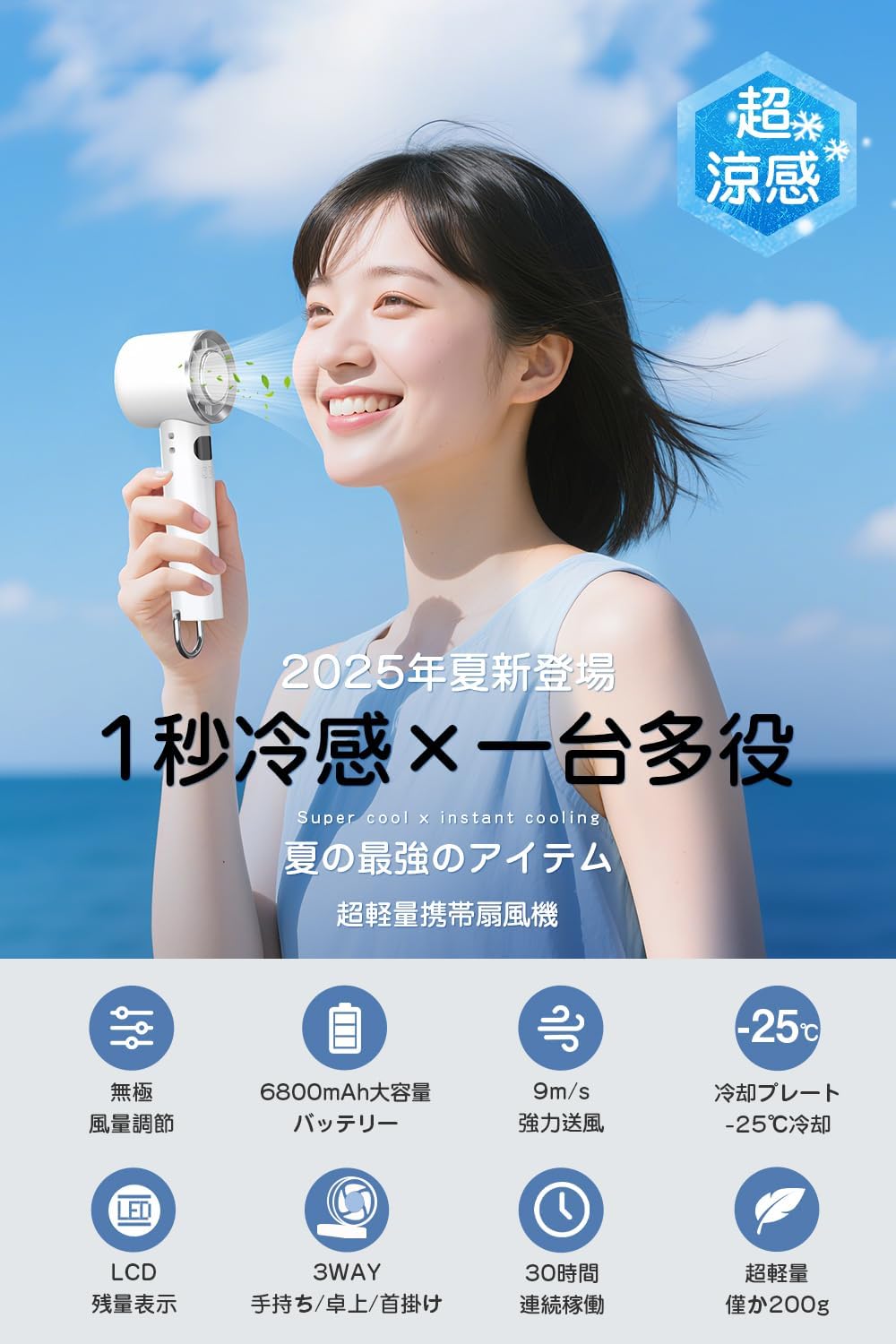 冷感プレート付きハンディファン【2025新型】6800mAh大容量 USB充電式・携帯扇風機・ミニファン・熱中症対策・アウトドア用 (ホワイト)