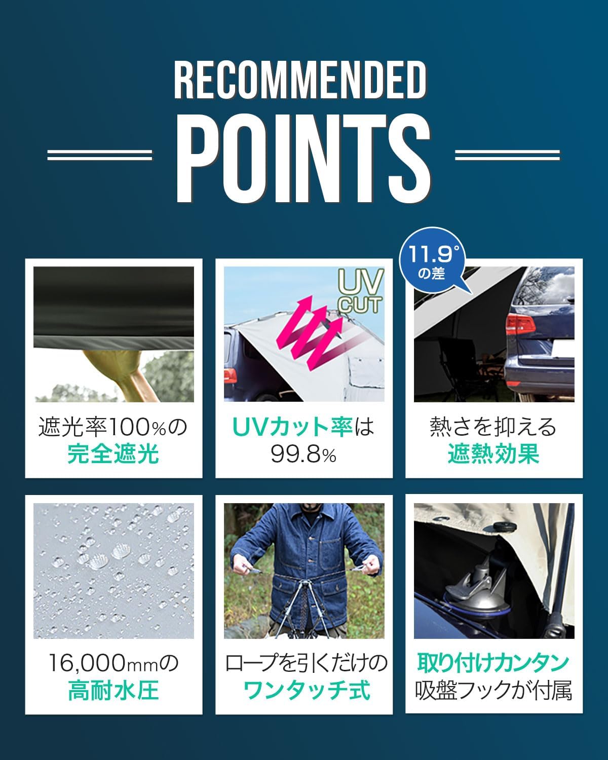 完全遮光 ワンタッチカーサイドタープ 車中泊・アウトドア用 UVカット・耐水 [ライトベージュ] アルミテントポール2本セット