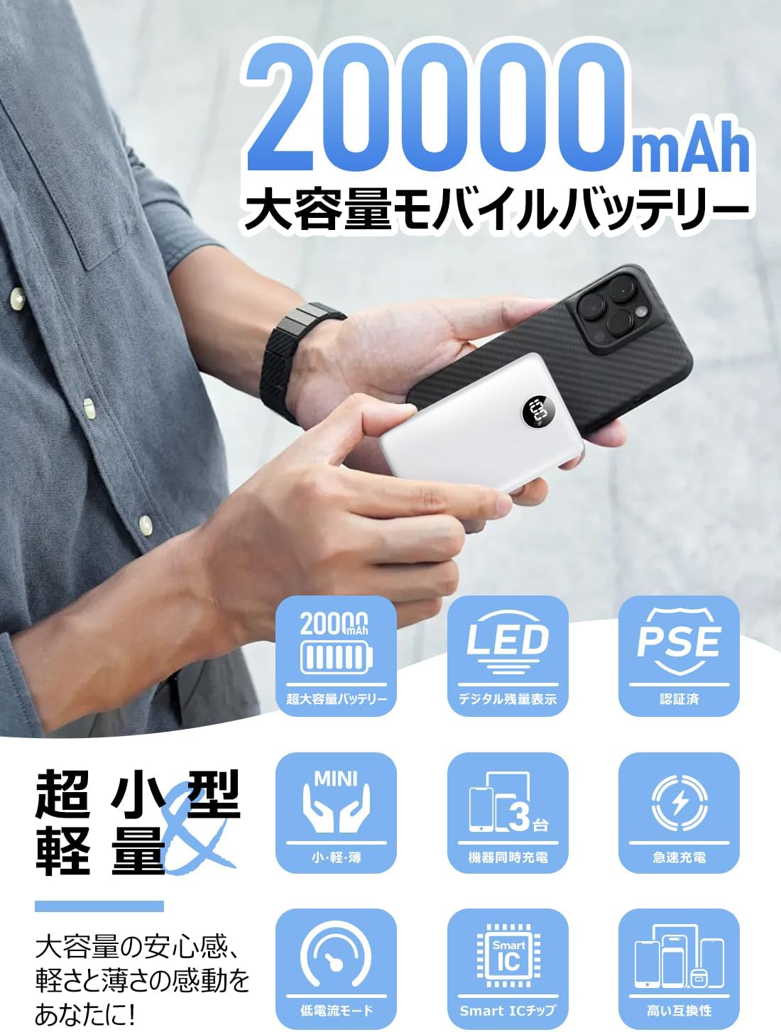 大容量20000mAhモバイルバッテリー 軽量・薄型・急速充電対応 3台同時充電可能 PSE認証・LED残量表示付き