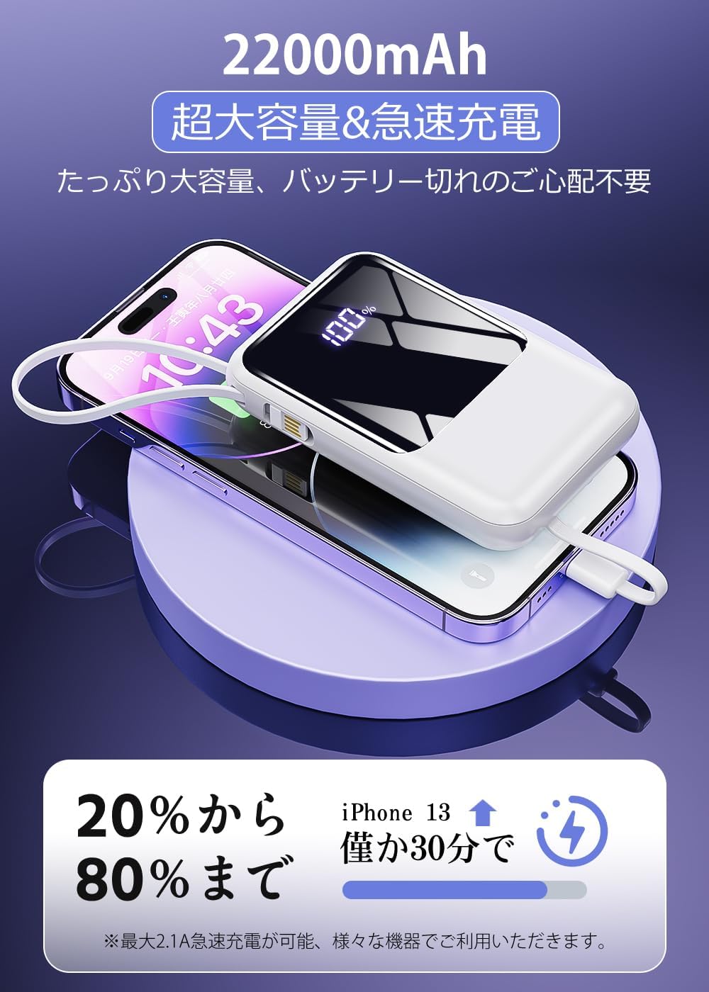 22000mAh大容量モバイルバッテリー 軽量・急速充電・4台同時充電対応 コンパクト・旅行利用可
