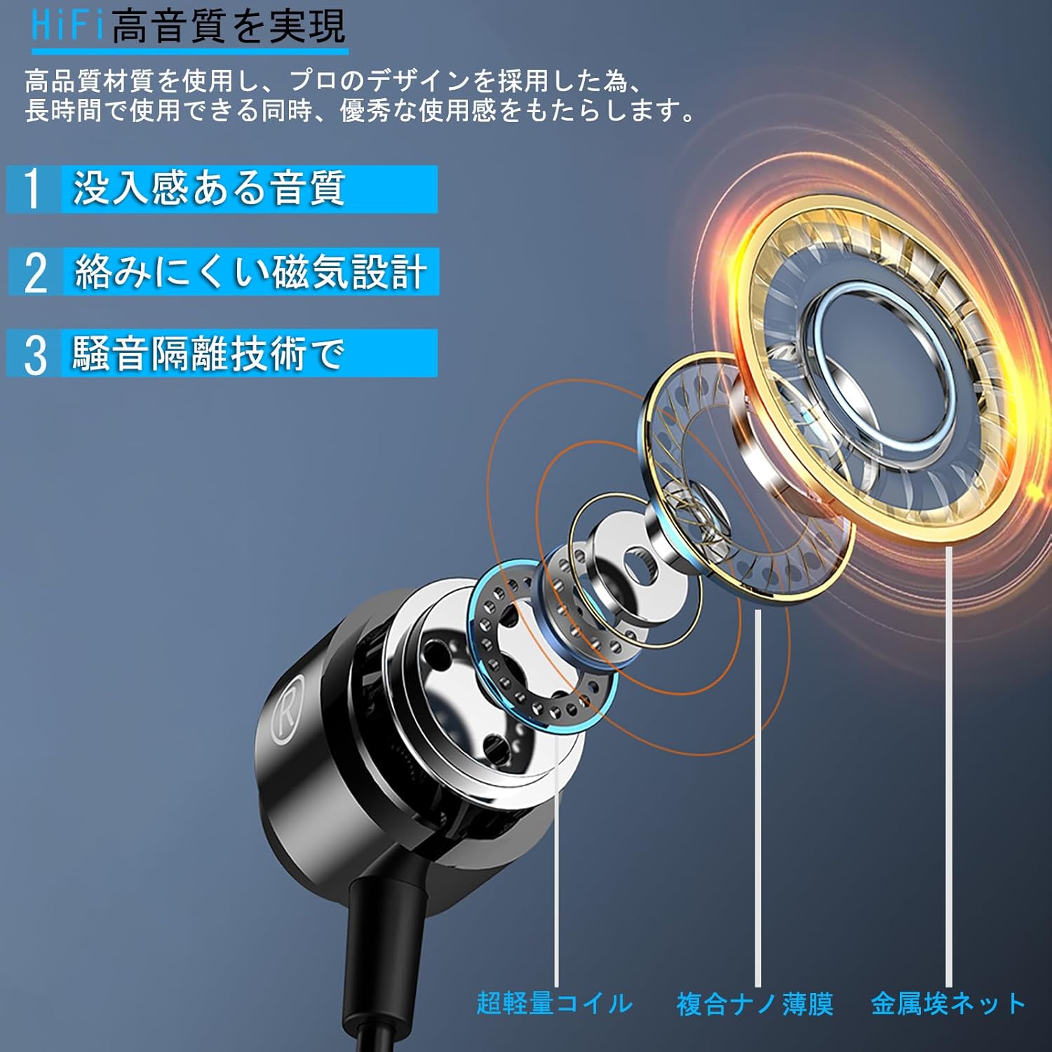 有線インナーイヤー型イヤフォン マイク付き HiFi重低音 防音設計 スマートフォン/PC/ゲーム対応