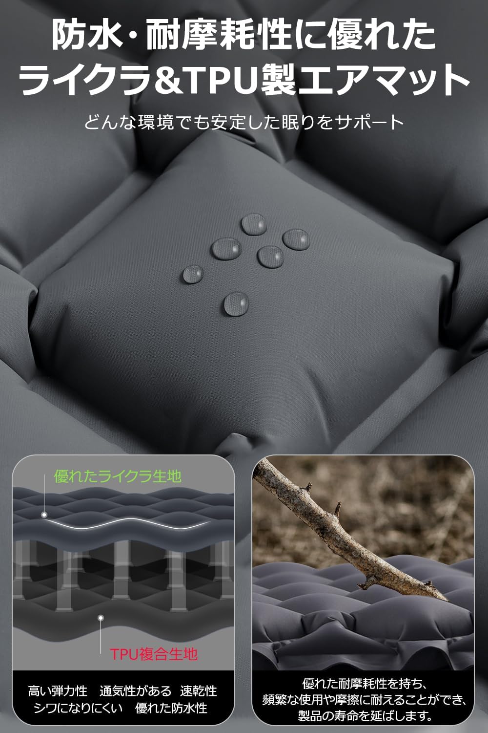 2025年新モデル エアーマット キャンプ用 超軽量 R値4.0 10cm厚 膨張25秒 枕付き 収納袋付き