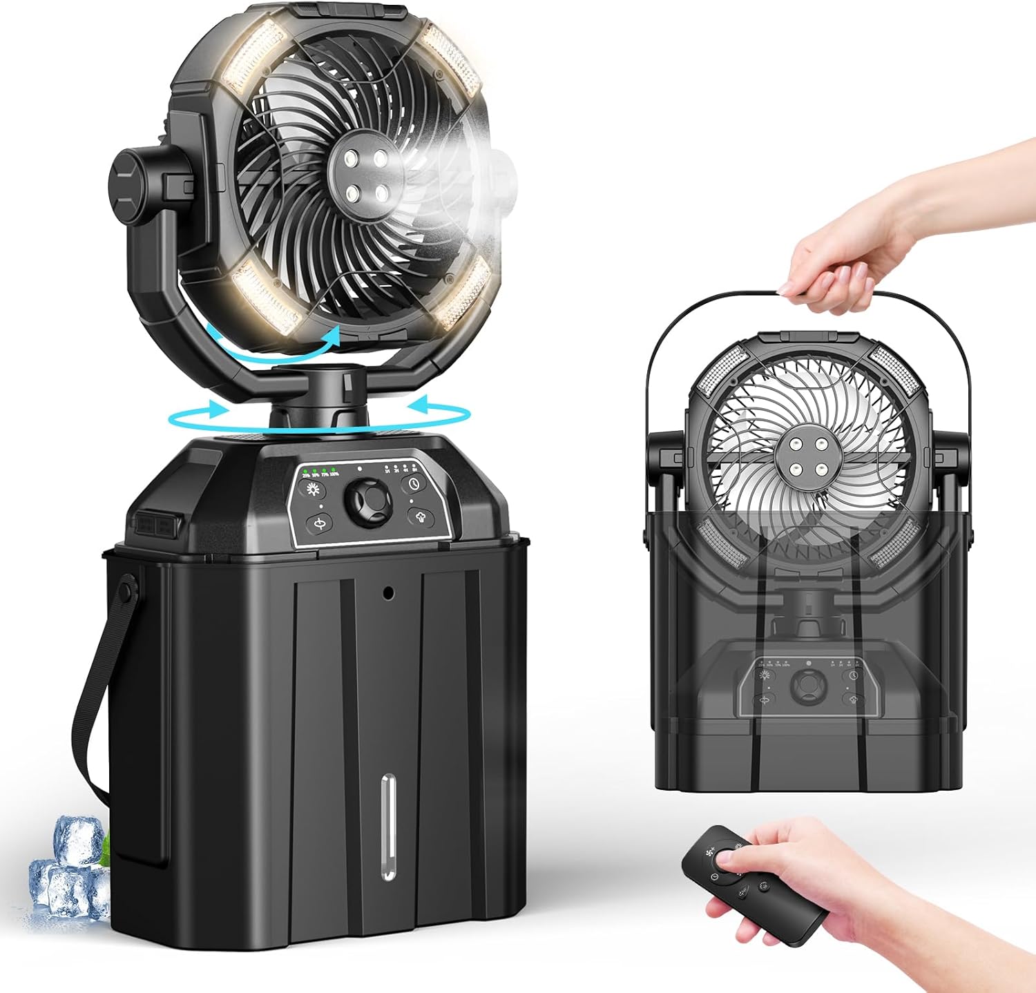 【キャンプ用品】充電式ミストファン 自動首振り・55時間連続使用・リモコン付き・風量無段階調節 (ブラック)