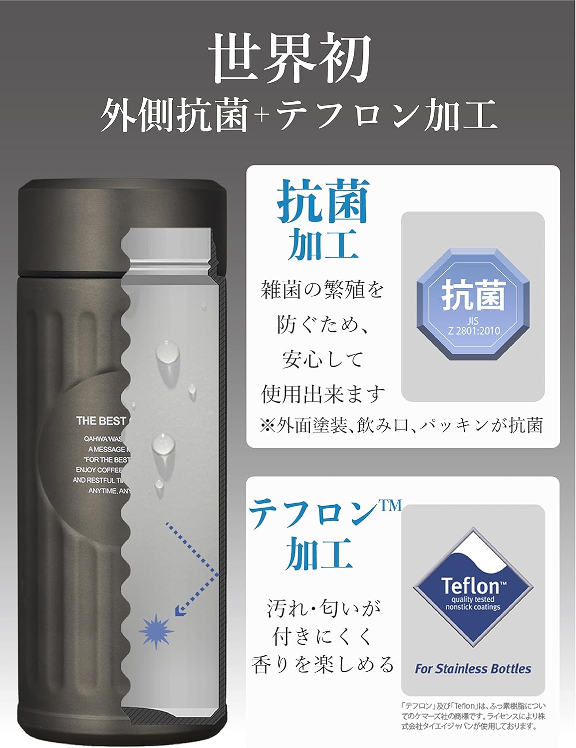 グラファイトグレー抗菌真空2層水筒 420ml カフアコーヒーボトル