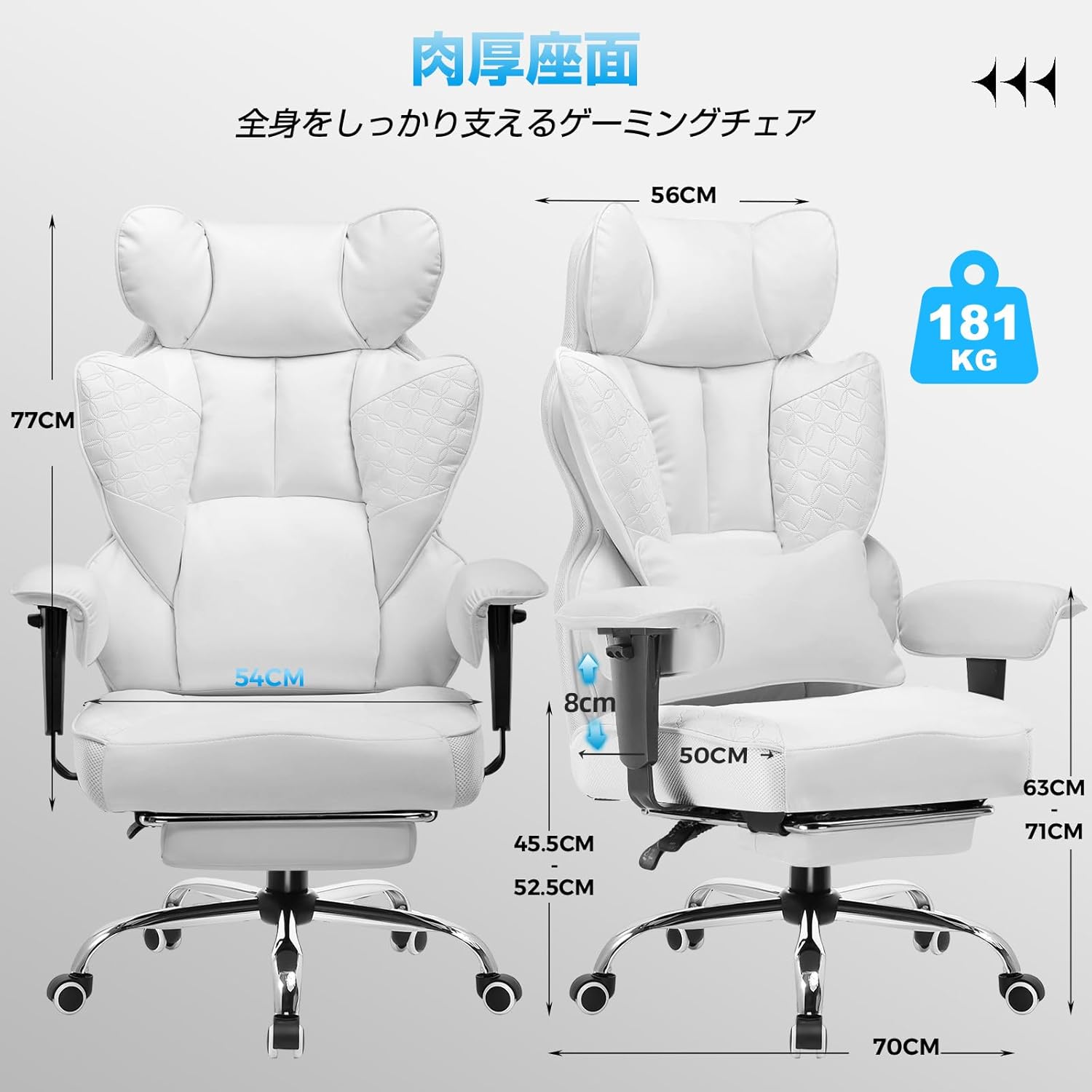テレワーク用 GTRacing ゲーミングチェア 型押しデザイン ポケットコイル腰当て PUレザー リクライニング GTR510-WHITE