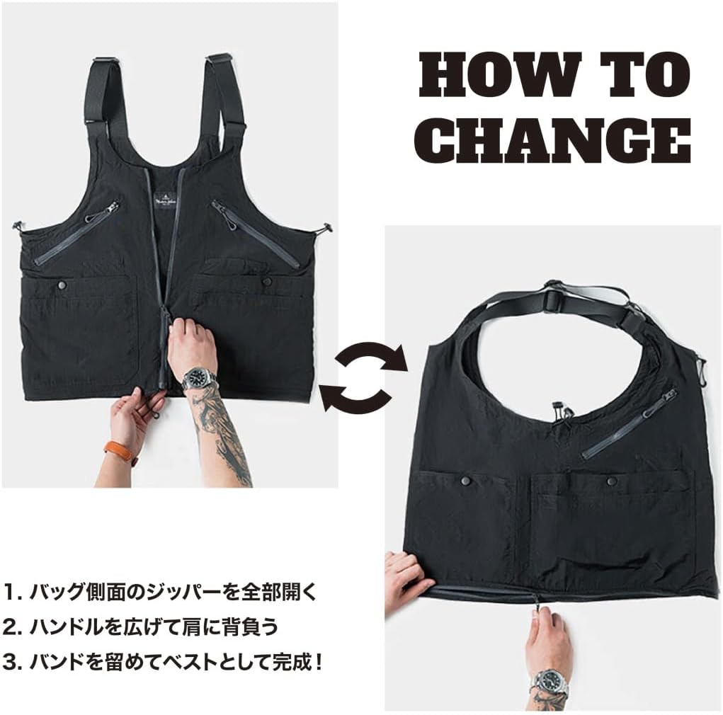 アウトドア用メンズ2wayキャンプベスト 通気性・多機能ギアバッグベスト カーキ