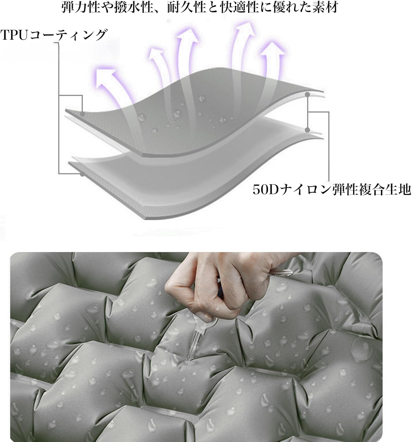 アウトドア用 エアーマット (10cm厚・200cm長・68cm幅) 足踏み式・枕付き 防水キャンプマット【軽量・厚手】