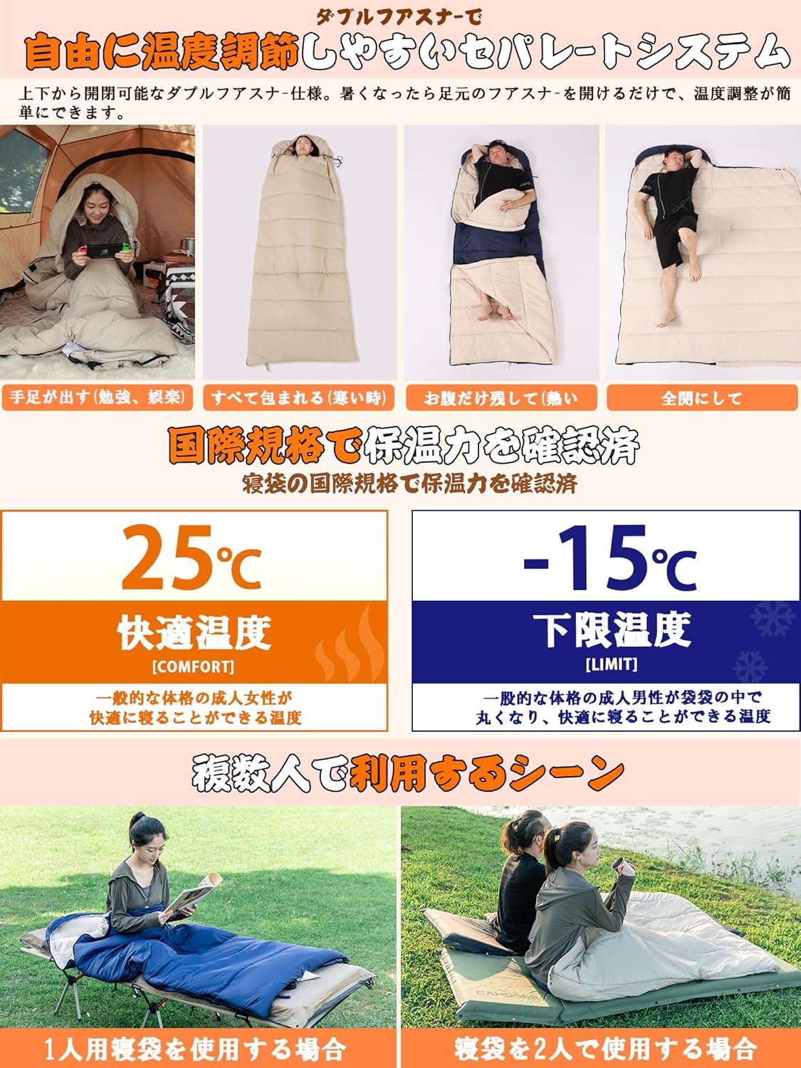 冬用人工ダウン寝袋 シュラフ 封筒型 コンパクト -15℃~20℃耐寒 オールシーズン 収納袋付き