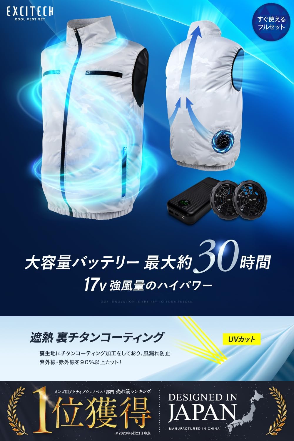 空調作業服ベスト ファンバッテリーセット 20,000mAh 静音 メンズ・レディース用