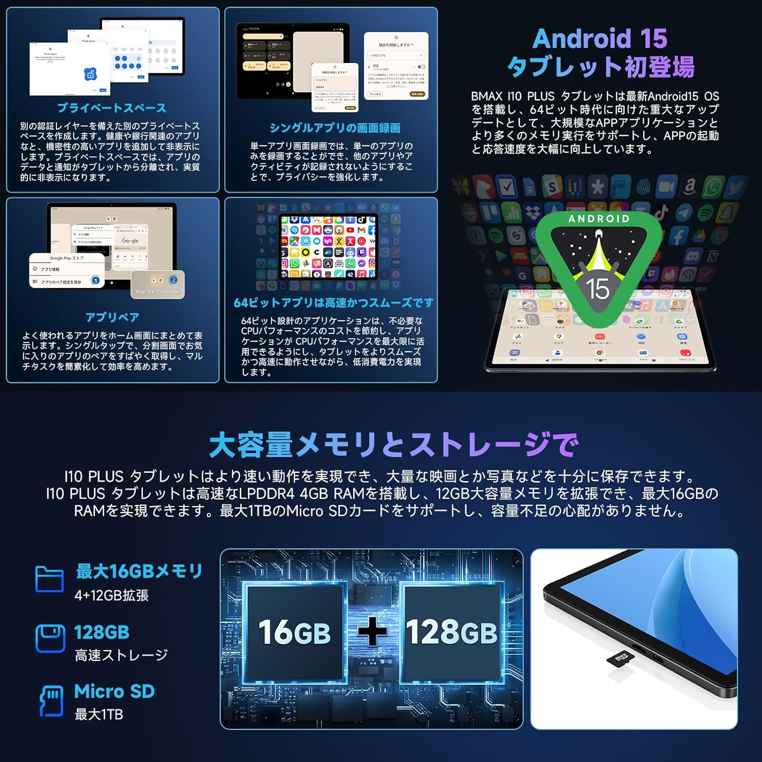 Android 15タブレット Bmax I10 Plus 10インチ 16GB+128GB+1TB拡張 Wi-Fiモデル