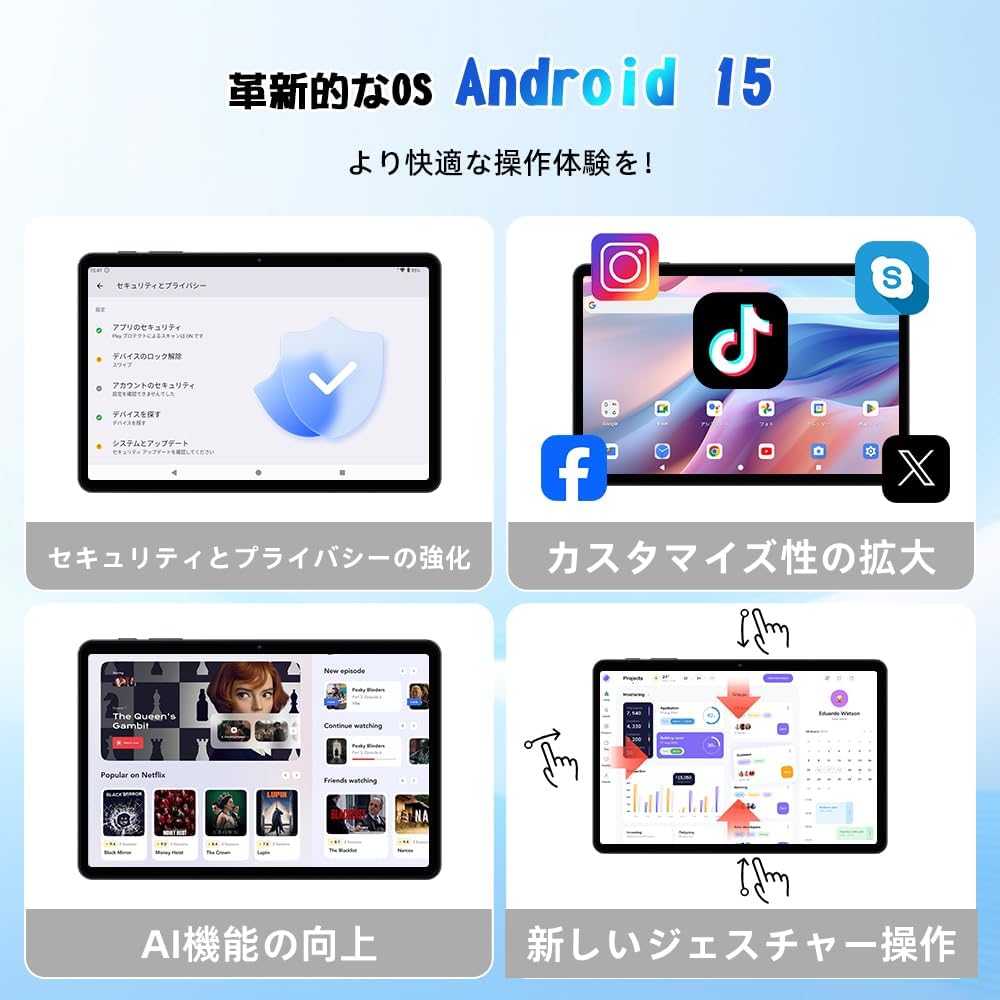 【薄型軽量AIタブレット 10インチ Wi-Fiモデル Android 15 12GB+64GB】