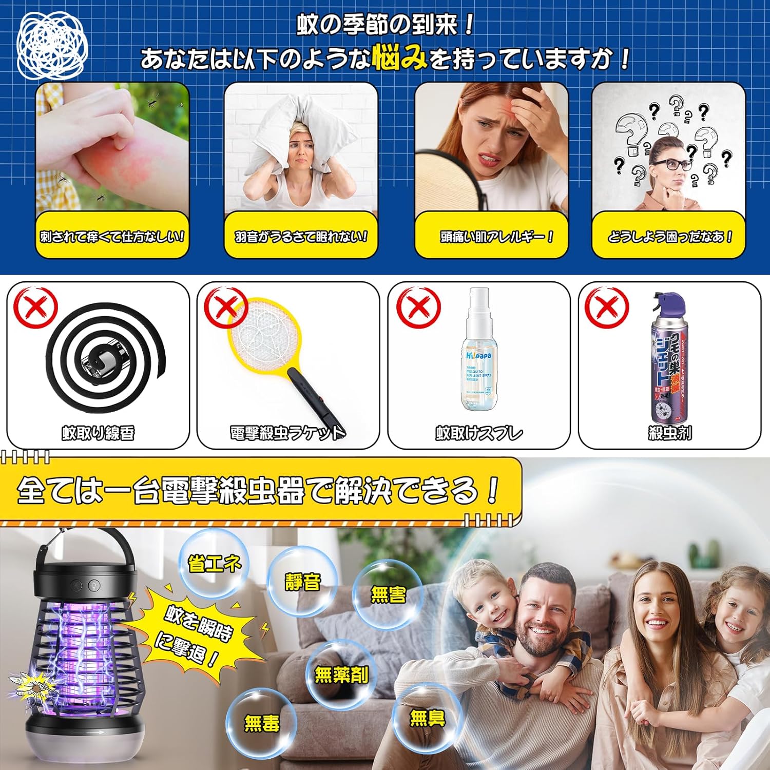 2025年金賞受賞 電撃殺虫器 コバエ・蚊対策 UV光源吸引式 ブラック USB充電式 静音設計 IPX6防水