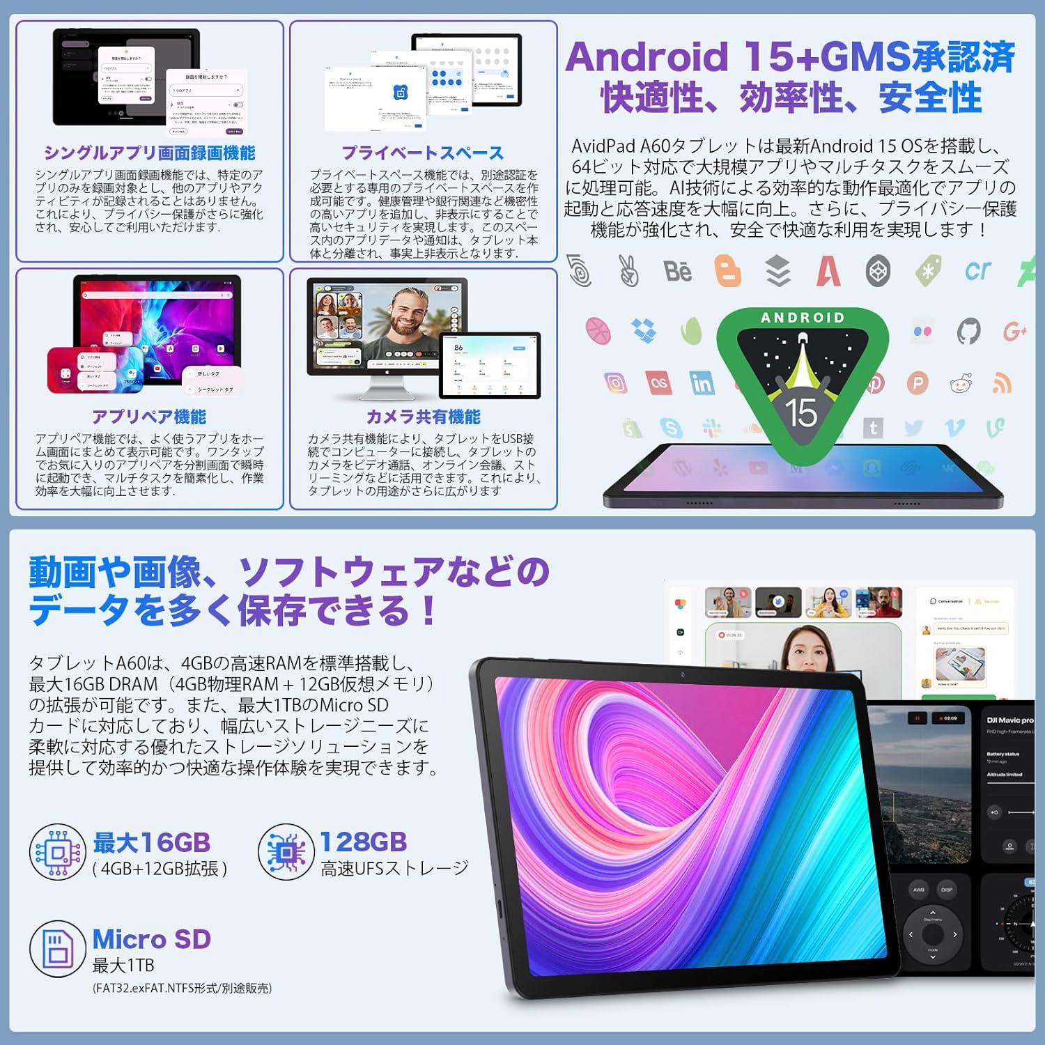 2025年高性能10インチAndroidタブレット 16GB+128GB+1TB TF拡張対応 6000mAh バッテリー 日本語説明書付き