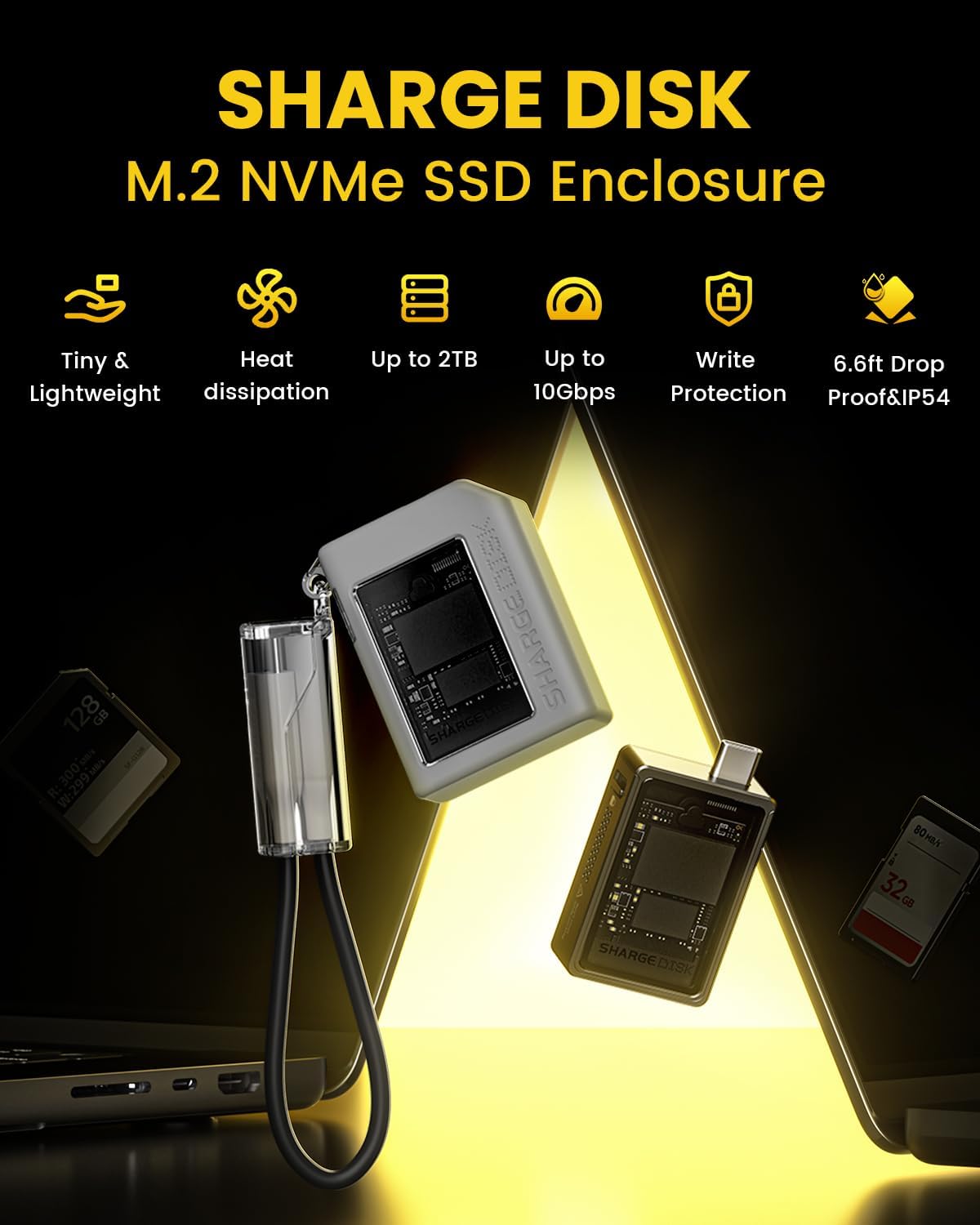 外付けSSDケース 2TB M.2 NVMe HDDエンクロージャ グレー（イエロー）