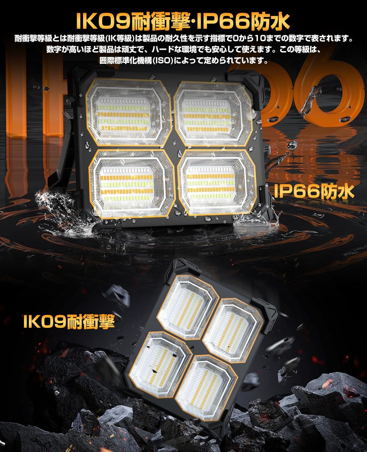 充電式LED投光器 300W 26000ルーメン 大容量26000mAh 残量表示 5モード 防水耐塵 キャンプ・作業用