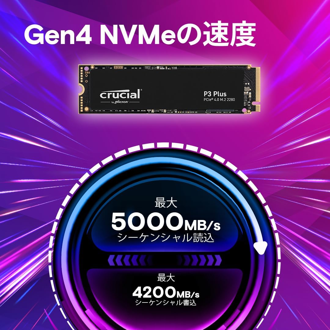 クルーシャル P3plus 1TB NVMe PCIe 4.0 M.2 SSD 最大5000MB/秒 5年保証