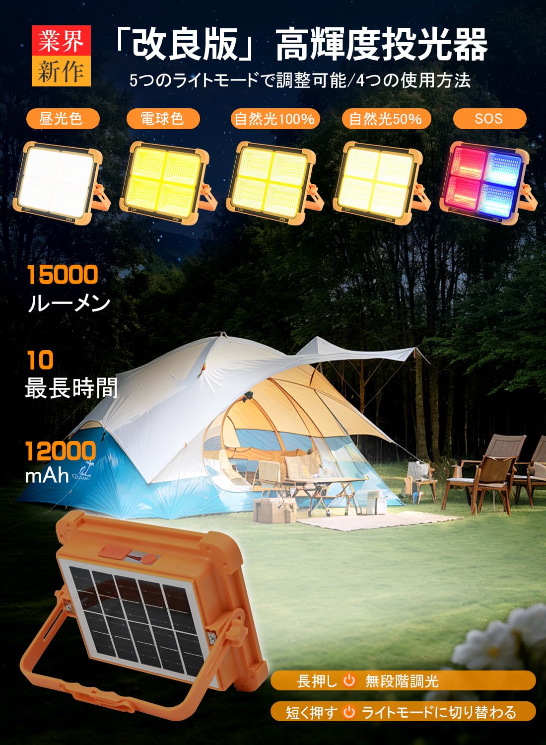 2024高輝度ポータブルLED作業灯 15000LM ソーラー/充電式 IP66防水 キャンプ・アウトドア用