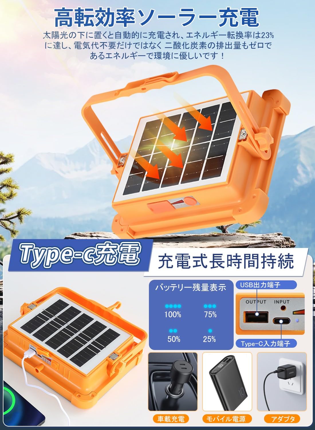 2024高輝度ポータブルLED作業灯 15000LM ソーラー/充電式 IP66防水 キャンプ・アウトドア用