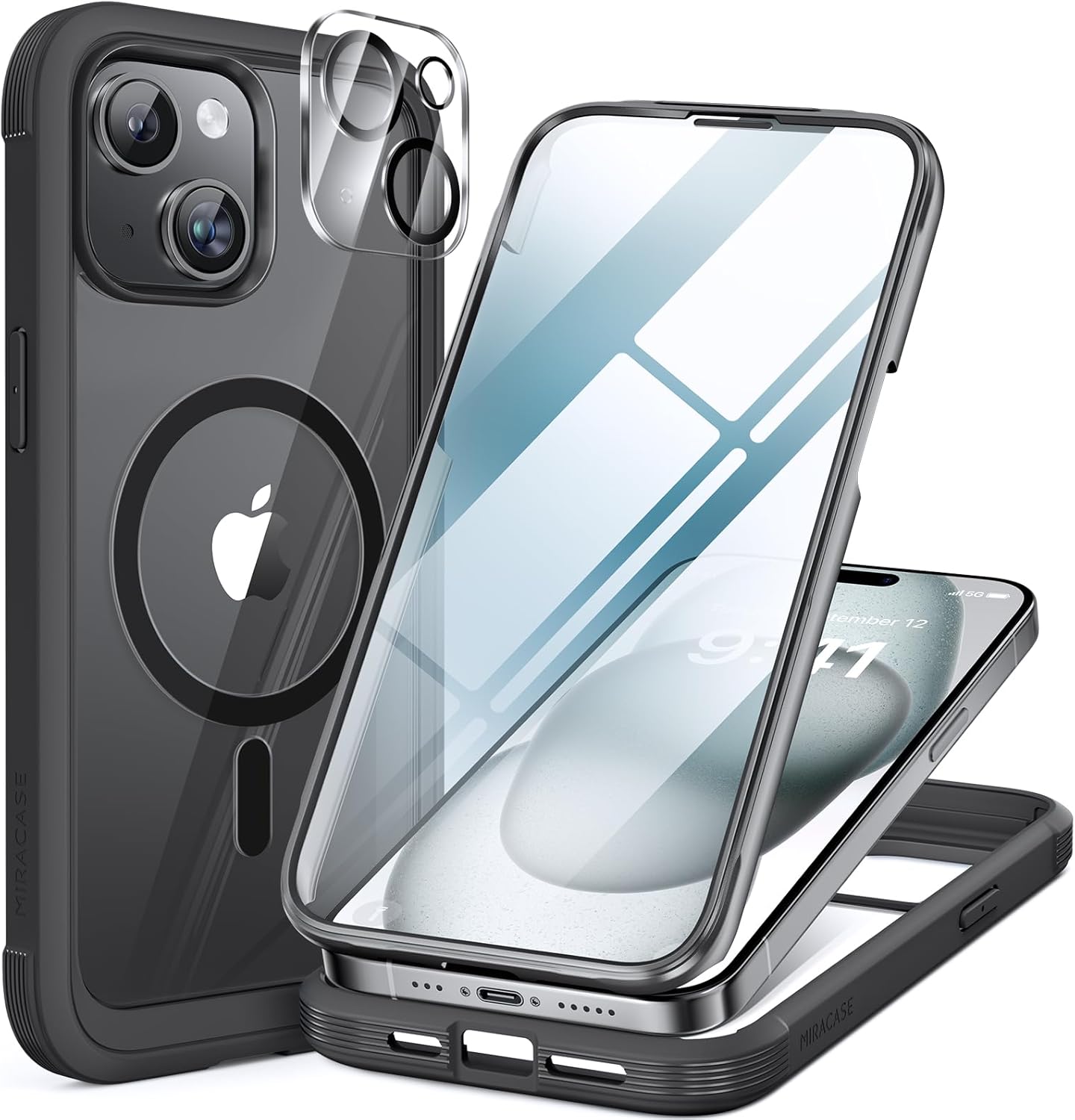 iPhone15用 MagSafe対応 360°保護ケース 9H強化ガラス製 黒