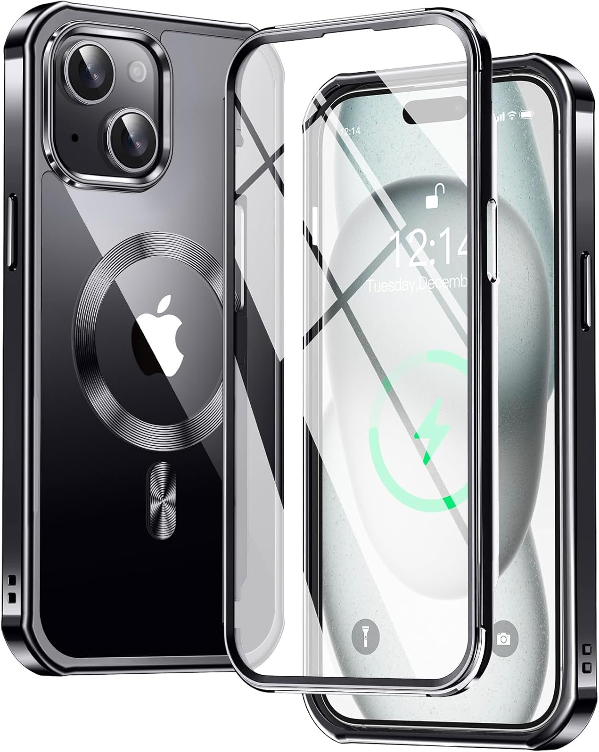 iPhone15用 MagSafe対応両面保護ケース - メッキバンパー・クリア背面・黄変防止（ブラック）