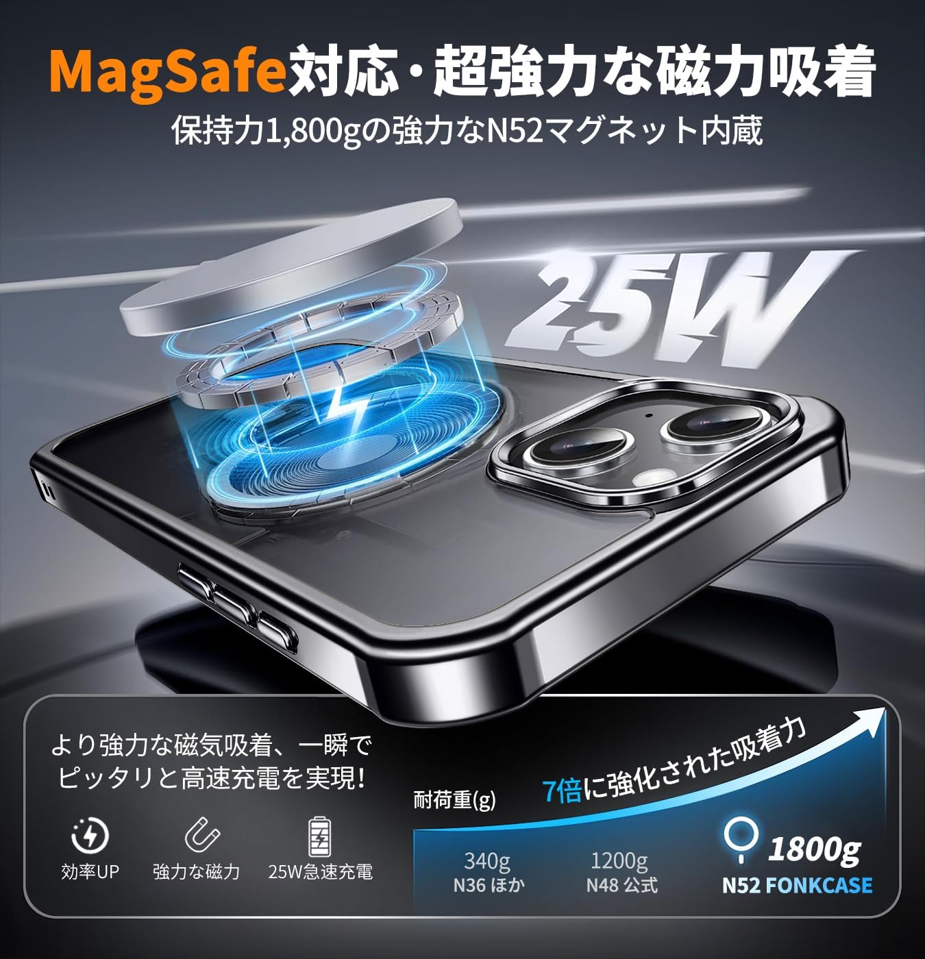 iPhone15用 MagSafe対応両面保護ケース - メッキバンパー・クリア背面・黄変防止（ブラック）