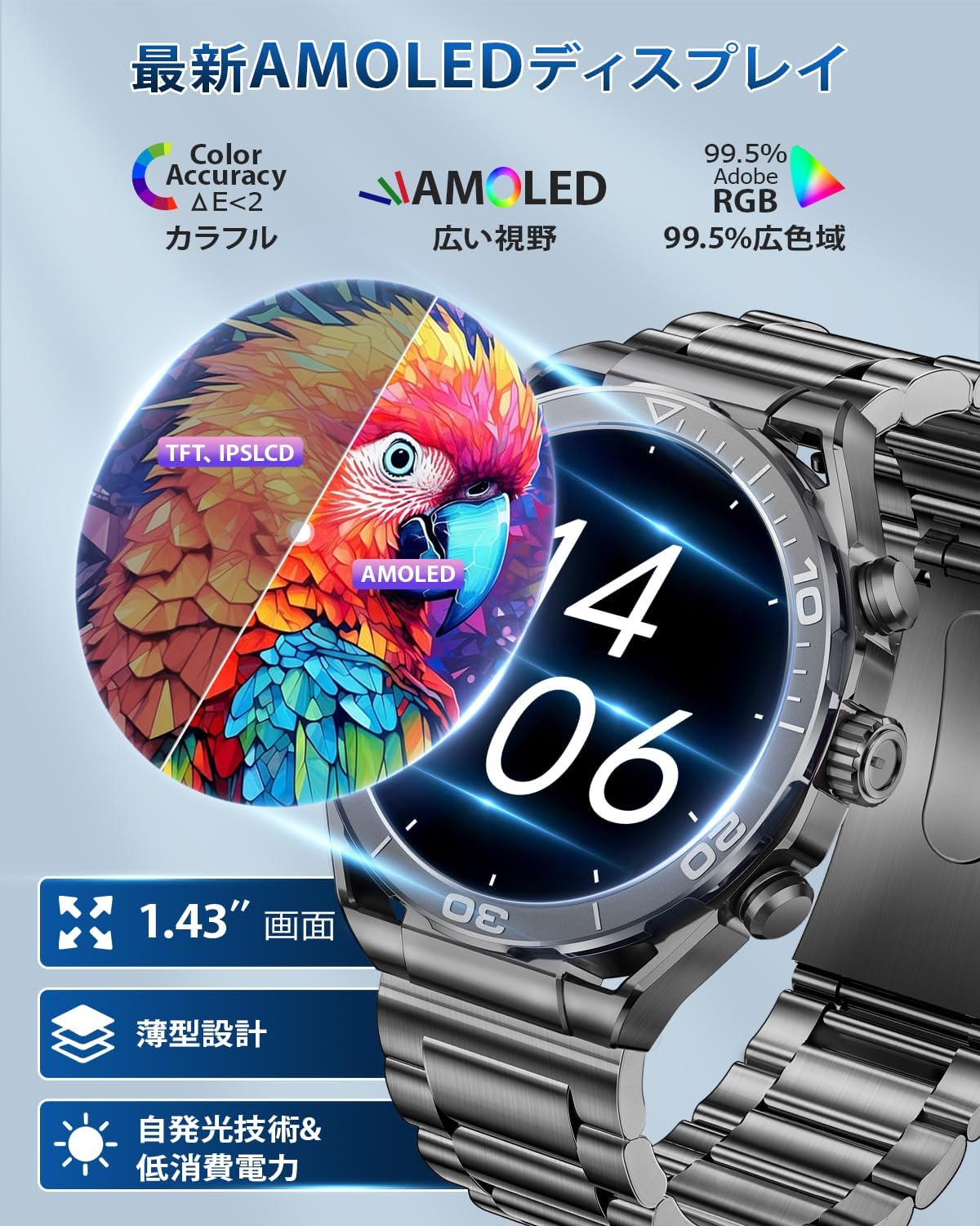 FOSMET LSW6 Pro メンズ スマートウォッチ 1.43インチ AMOLED 常時表示 Bluetooth5.3 着信通知 睡眠管理