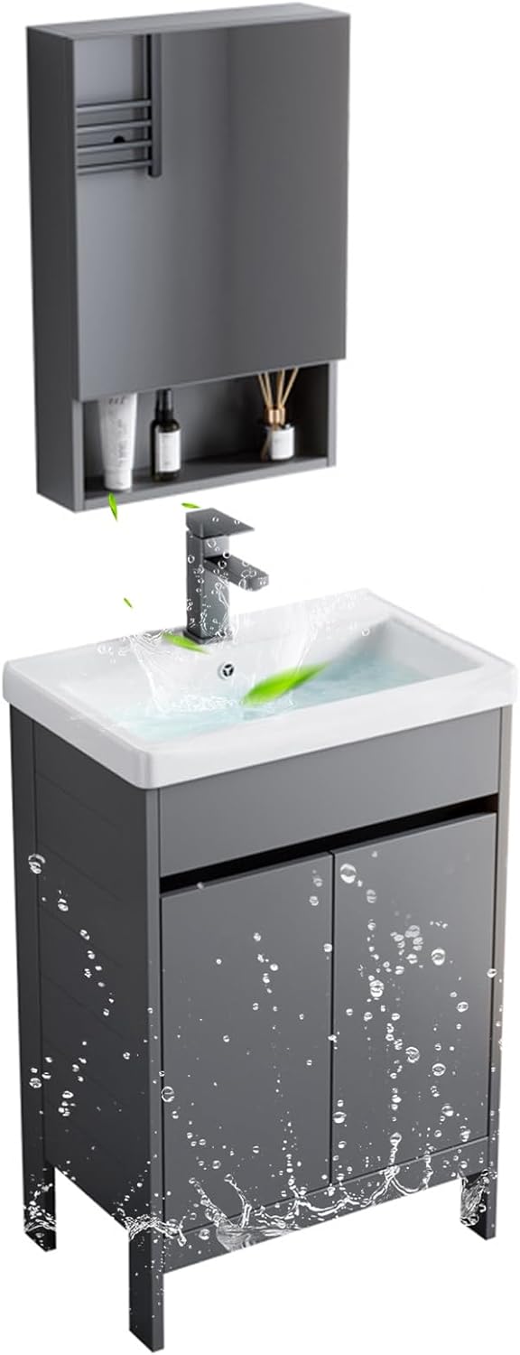 自立型陶器製洗面化粧台セット 温水・冷水蛇口付き 置き場付 51x36cm