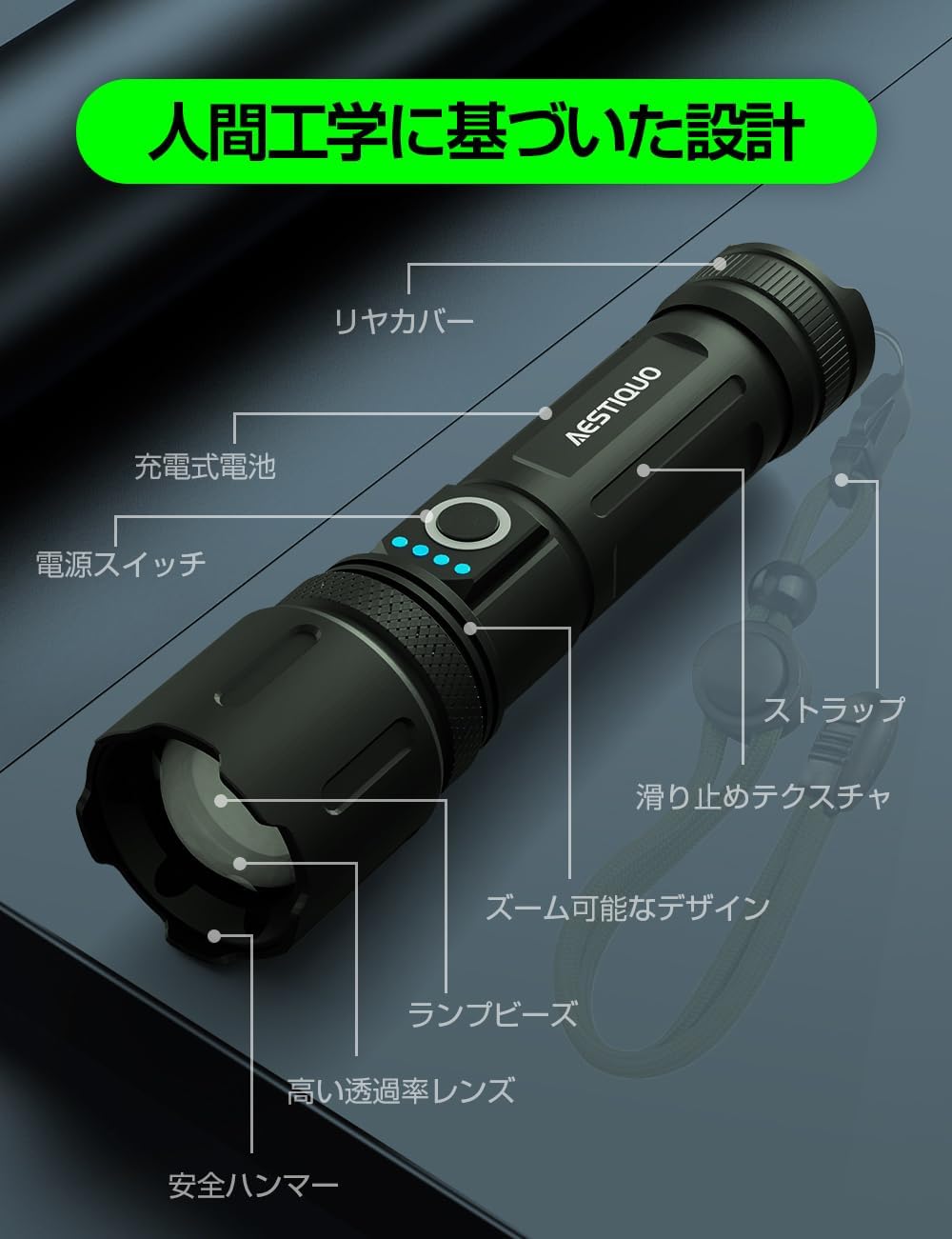 【防災用】強力超高輝度懐中電灯 M26 (5000mAh) USB充電式/電池対応 IPX6防水 5モード ズーム機能