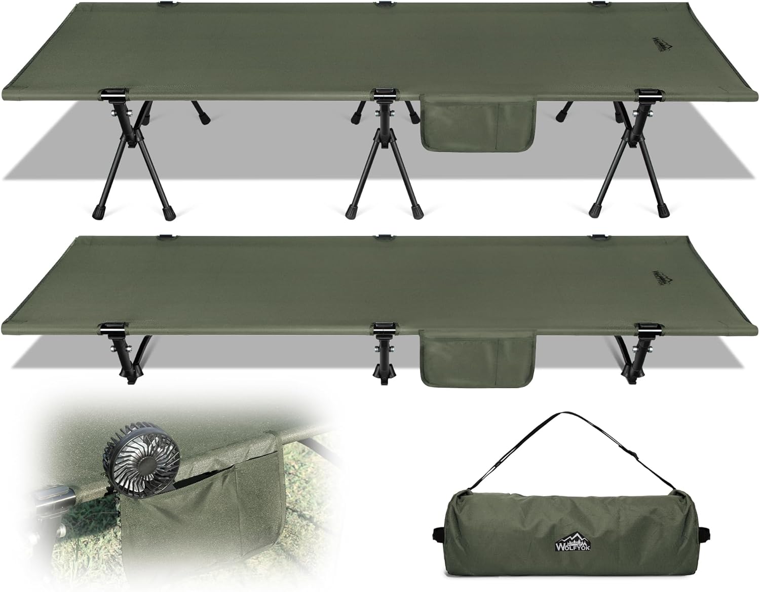 折りたたみ式高耐荷重コット - オリーブ - 150KG対応・通気性撥水素材・収納バッグ付き【ウルフヨックアウトドアーズ】