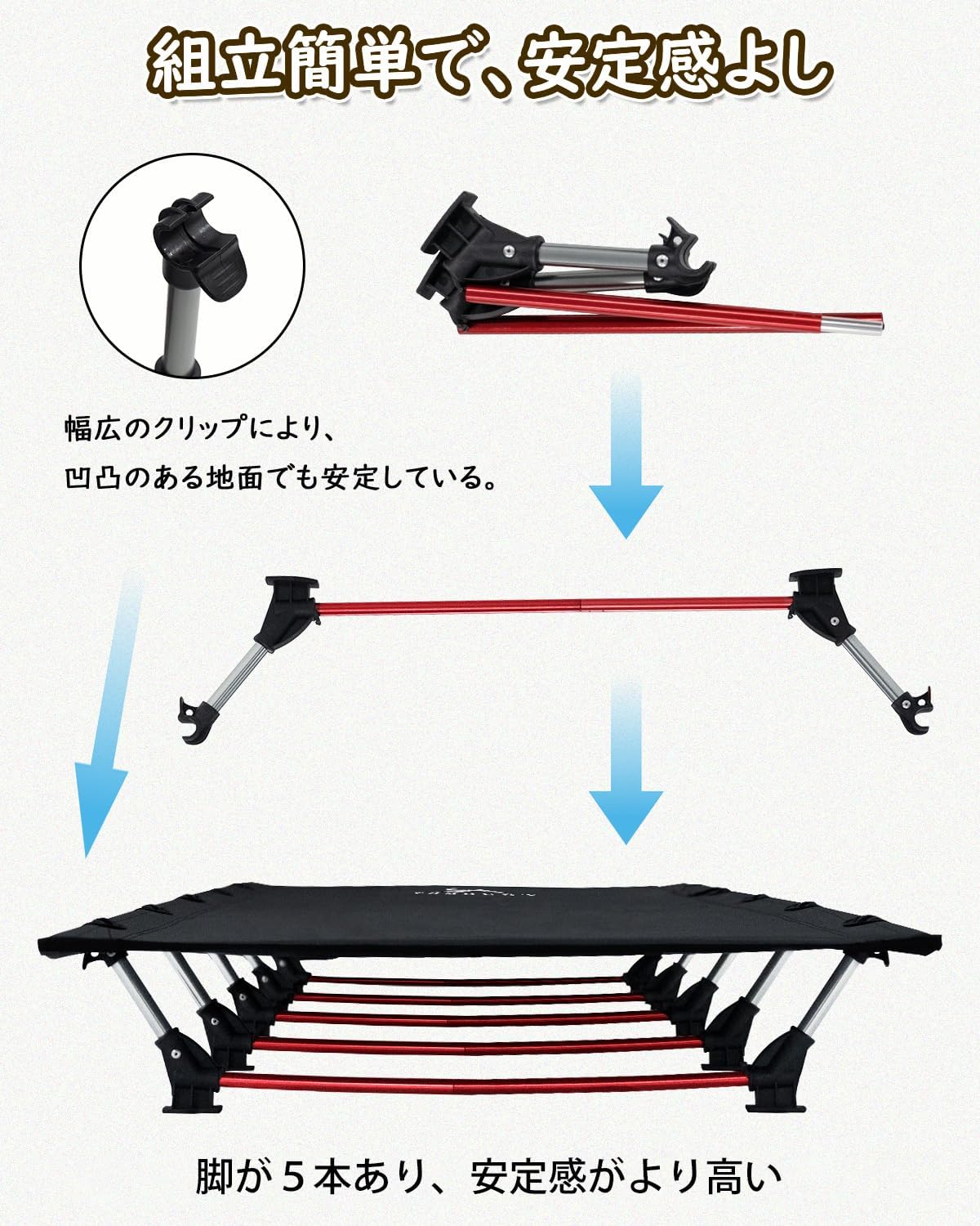 キャンプ用折りたたみベッド 軽量 コンパクト 耐荷重150kg (ブラック)