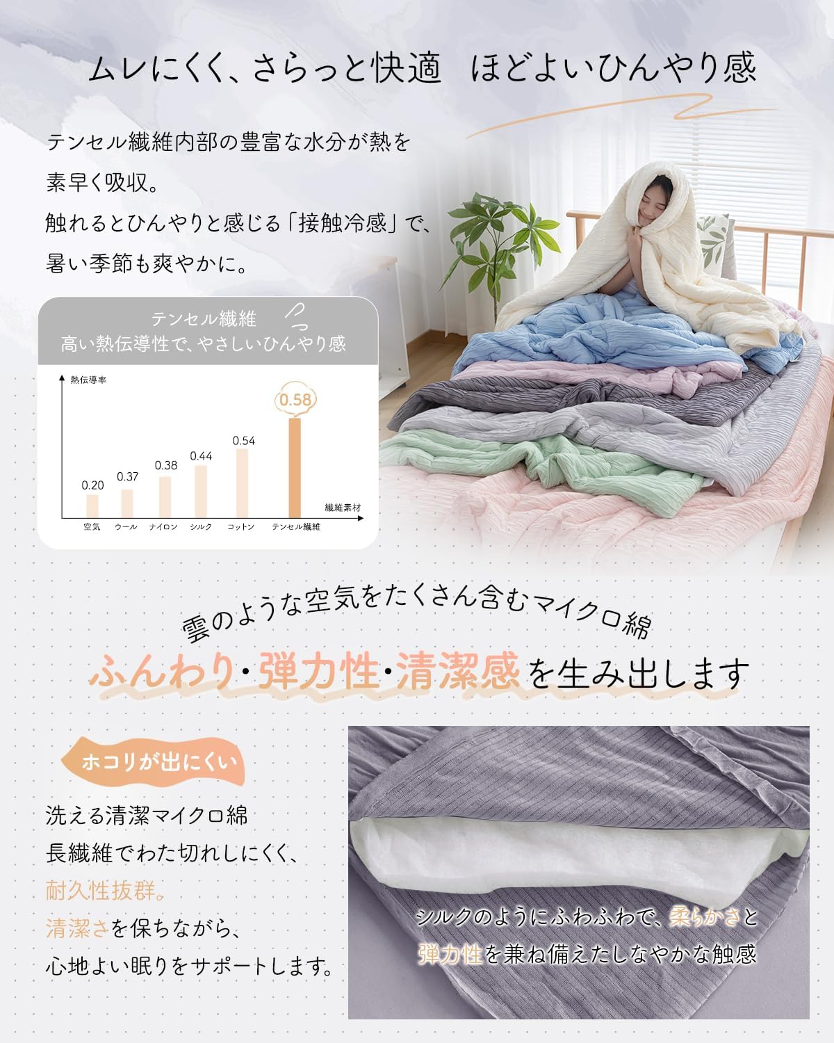 セミダブル 肌掛け布団【高級テンセル・抗菌防臭】通気性良好・洗える冷房対策キルトケット 140×190cm ダークグレー
