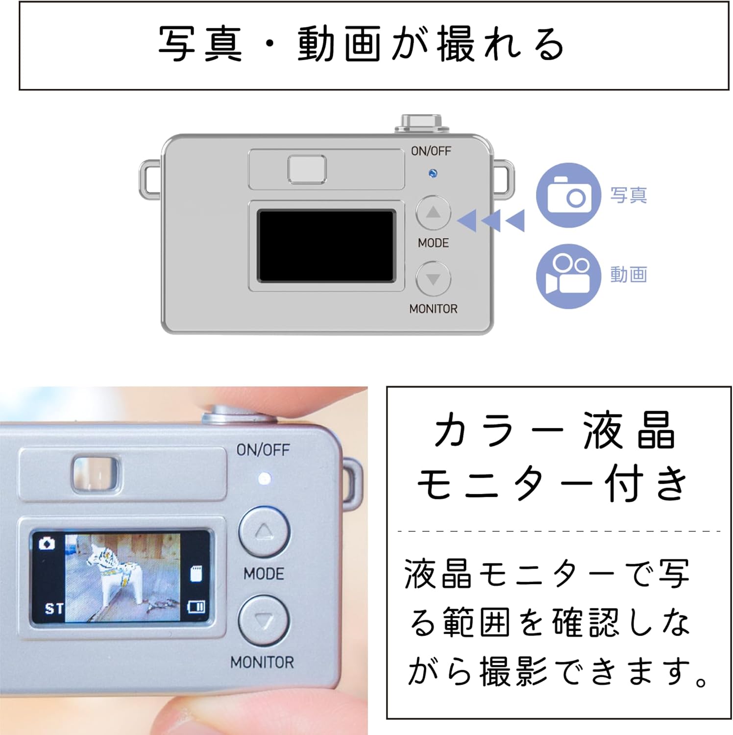 デジタルトイカメラ Pieni M GB 液晶付き 122万画素 グレイッシュブルー キーホルダーセット