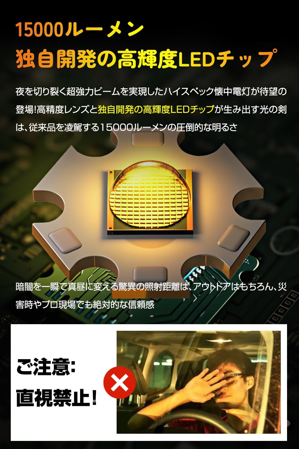 強力15000ルーメンLED懐中電灯IPX6防水・充電式ハンディライト