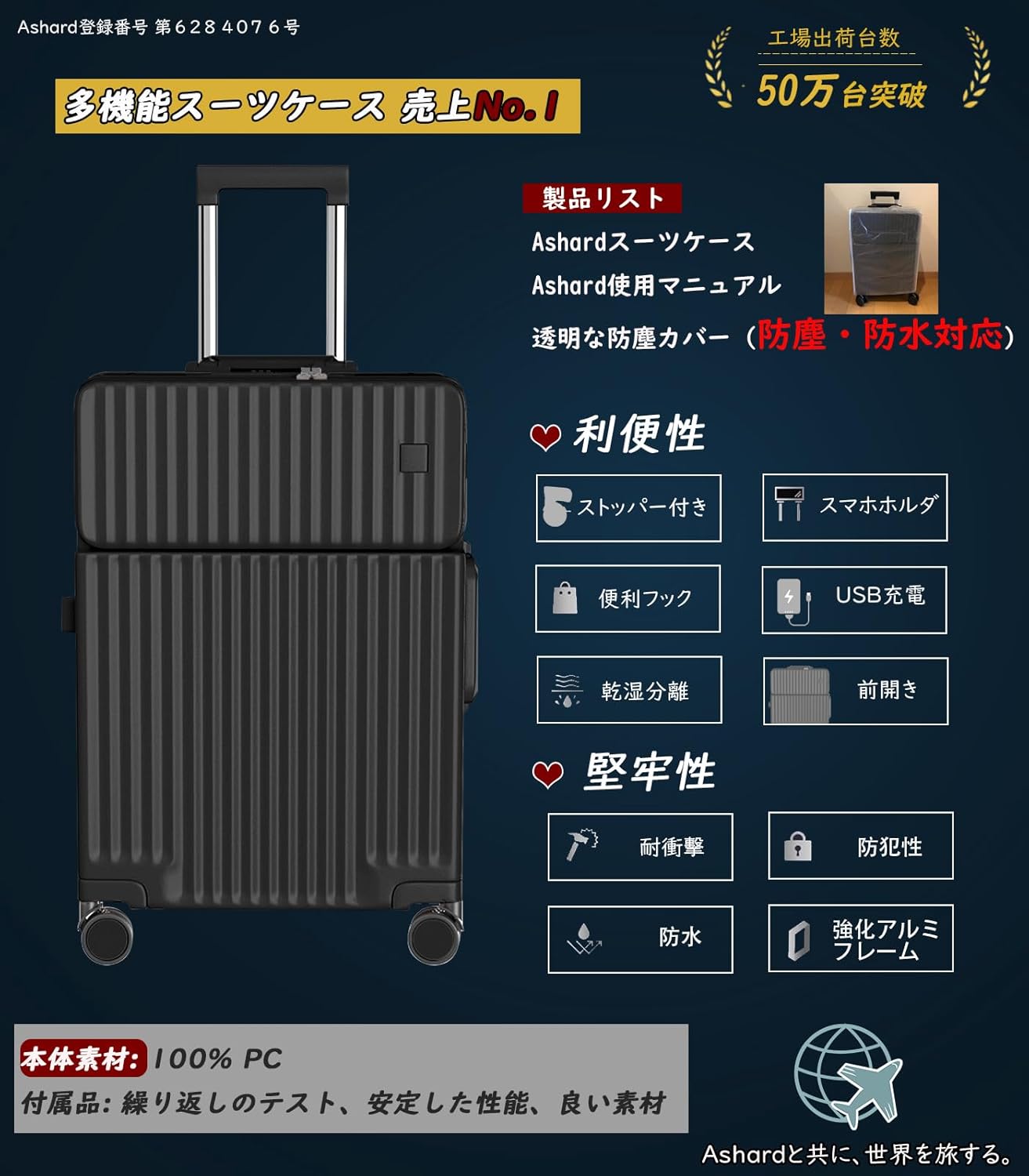 旅行用 キャリーケース Sサイズ (42L) 超軽量 TSAロック付き 360度回転ダブルキャスター ブラック