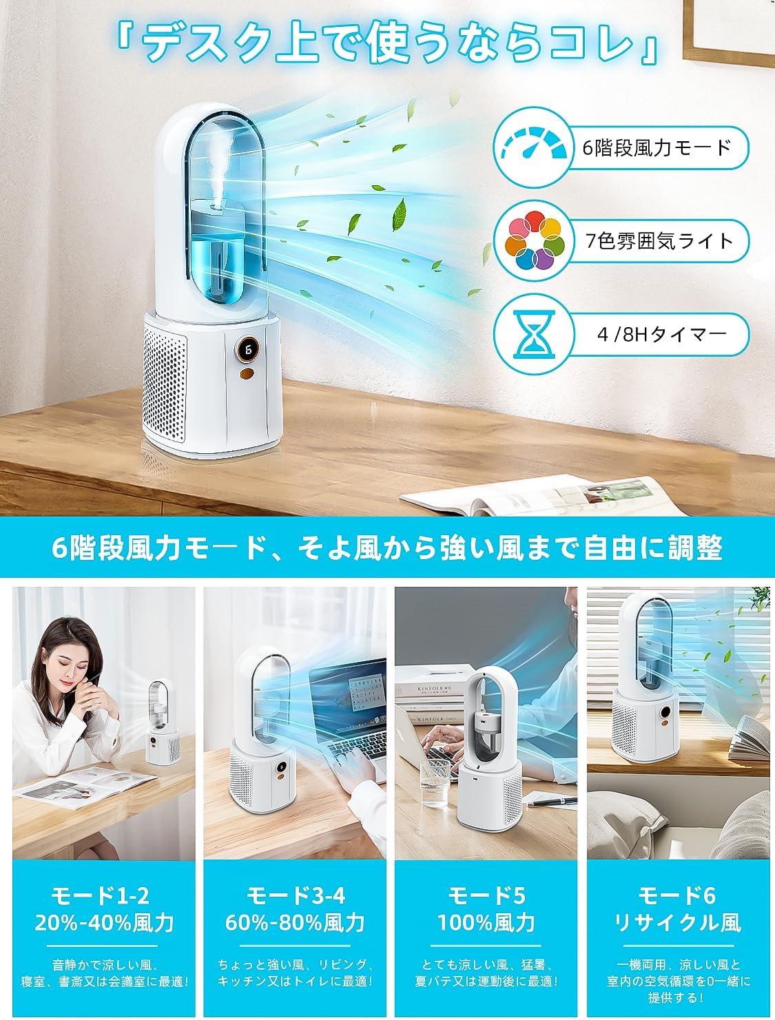 USB充電式冷風機【新登場・静音・UV除菌】ミスト機能付き・-16℃急速冷却・8時間連続使用・4000mAh・卓上＆省エネ用