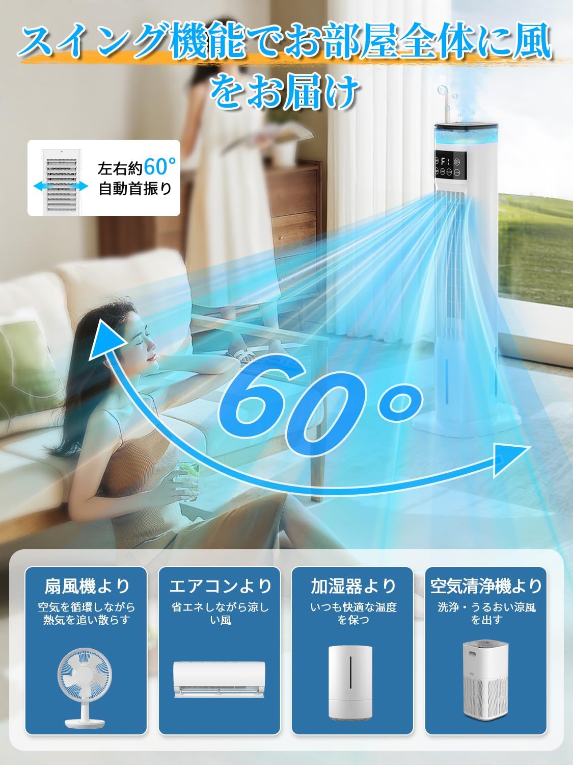 冷風扇 スリムタワー型 ダブル水タンク 3段階風量切替 空気清浄機能 【業務用・家庭用】 65W省エネ PSE認証 日本語説明書付
