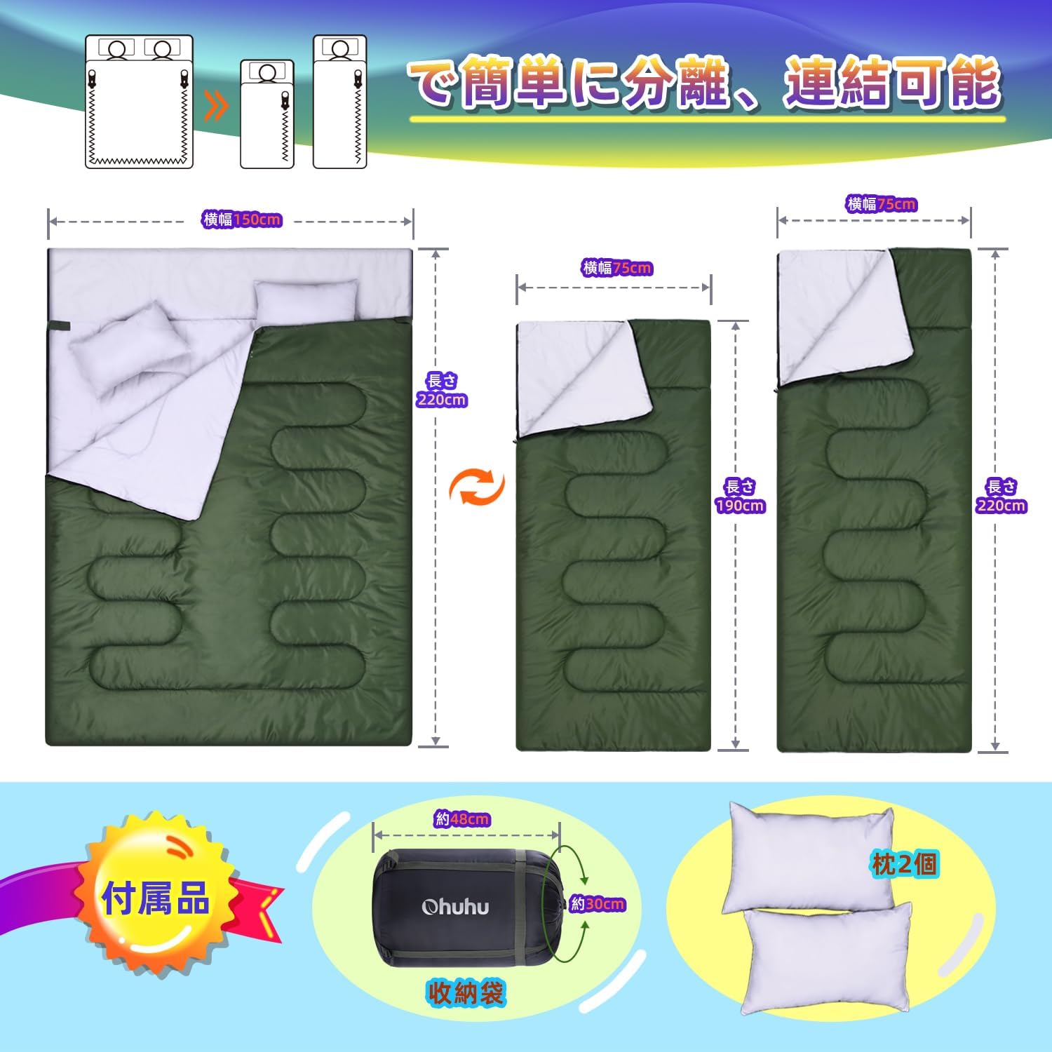 冬用2人用寝袋 厚手封筒型 防水シュラフ -10度対応 コンパクト収納 収納パック付 ブラック・グリーン