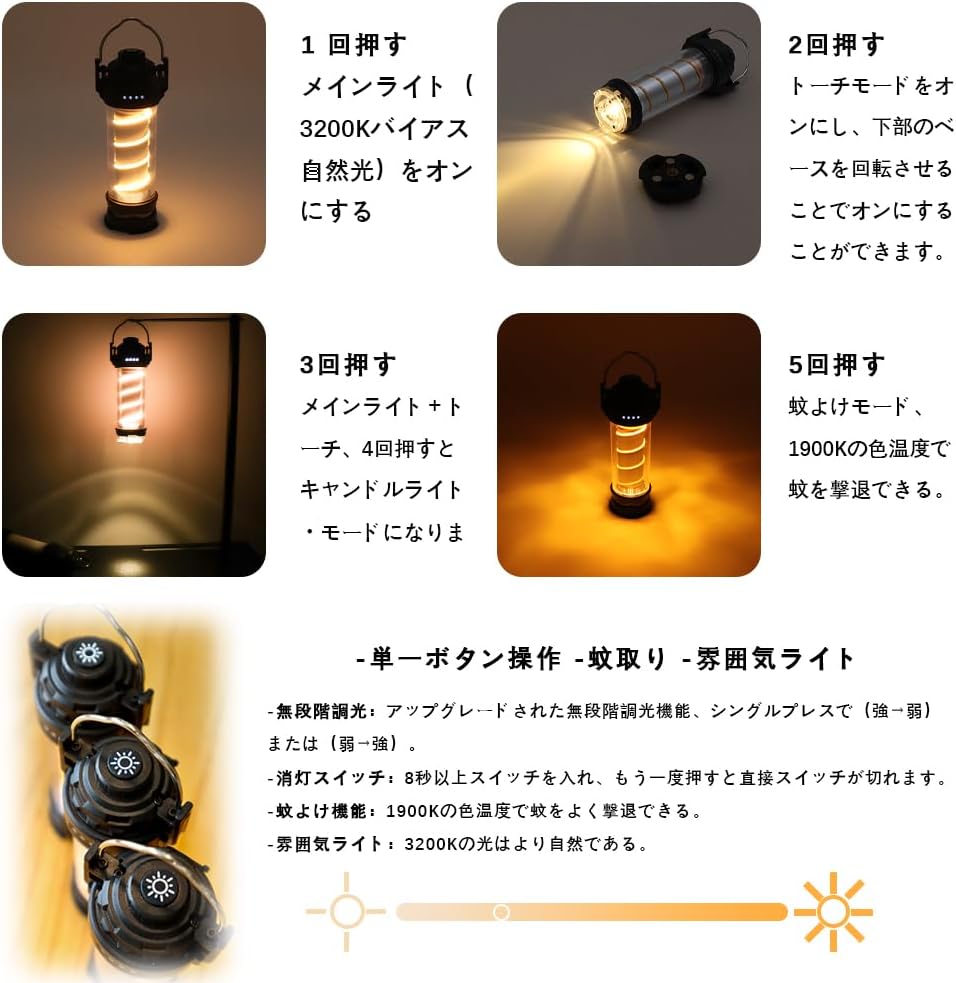 LED充電式ランタン 3000mAh IPX4防水 多機能 5点灯モード 軽量持運び便利 アウトドア/防災用