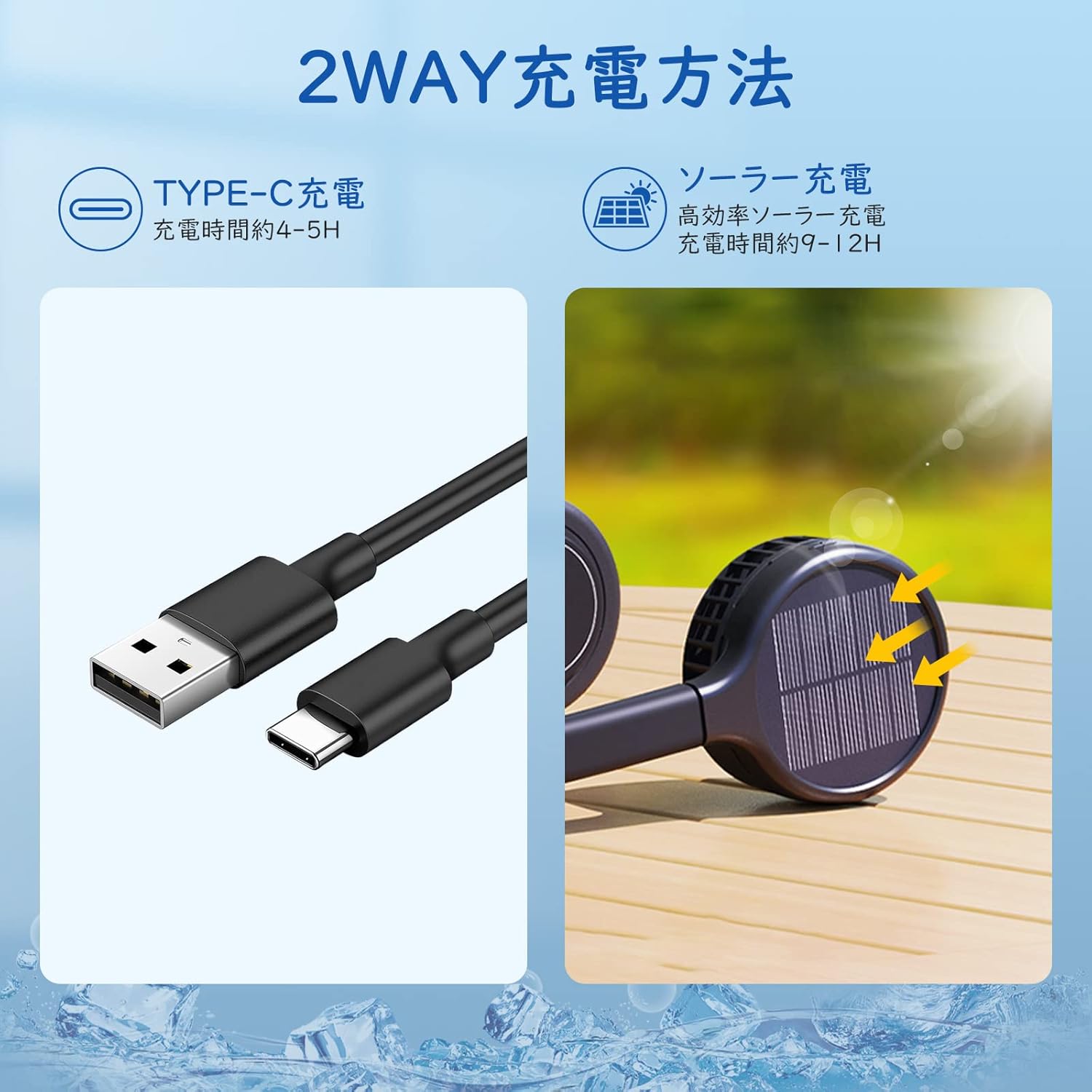 ソーラー充電対応静音首掛け扇風機 2000mAh大容量 省エネ 夏のアウトドア向け