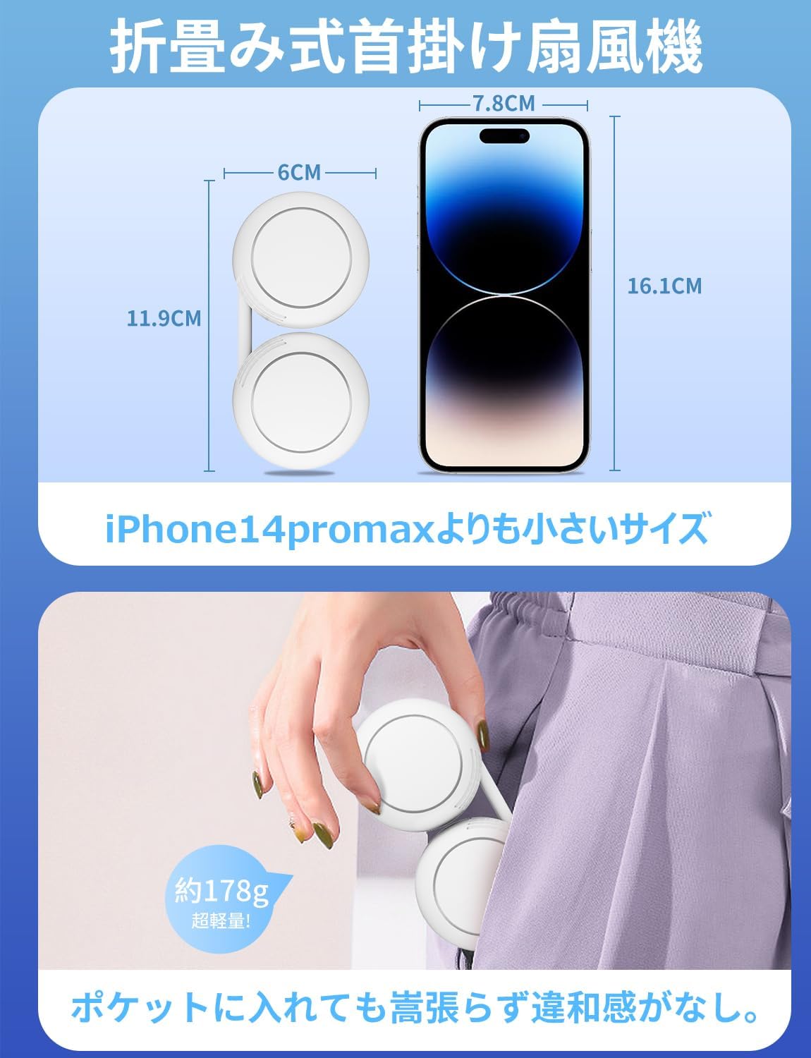 【首掛け扇風機・超軽量・静音・折り畳み収納可・ホワイト】