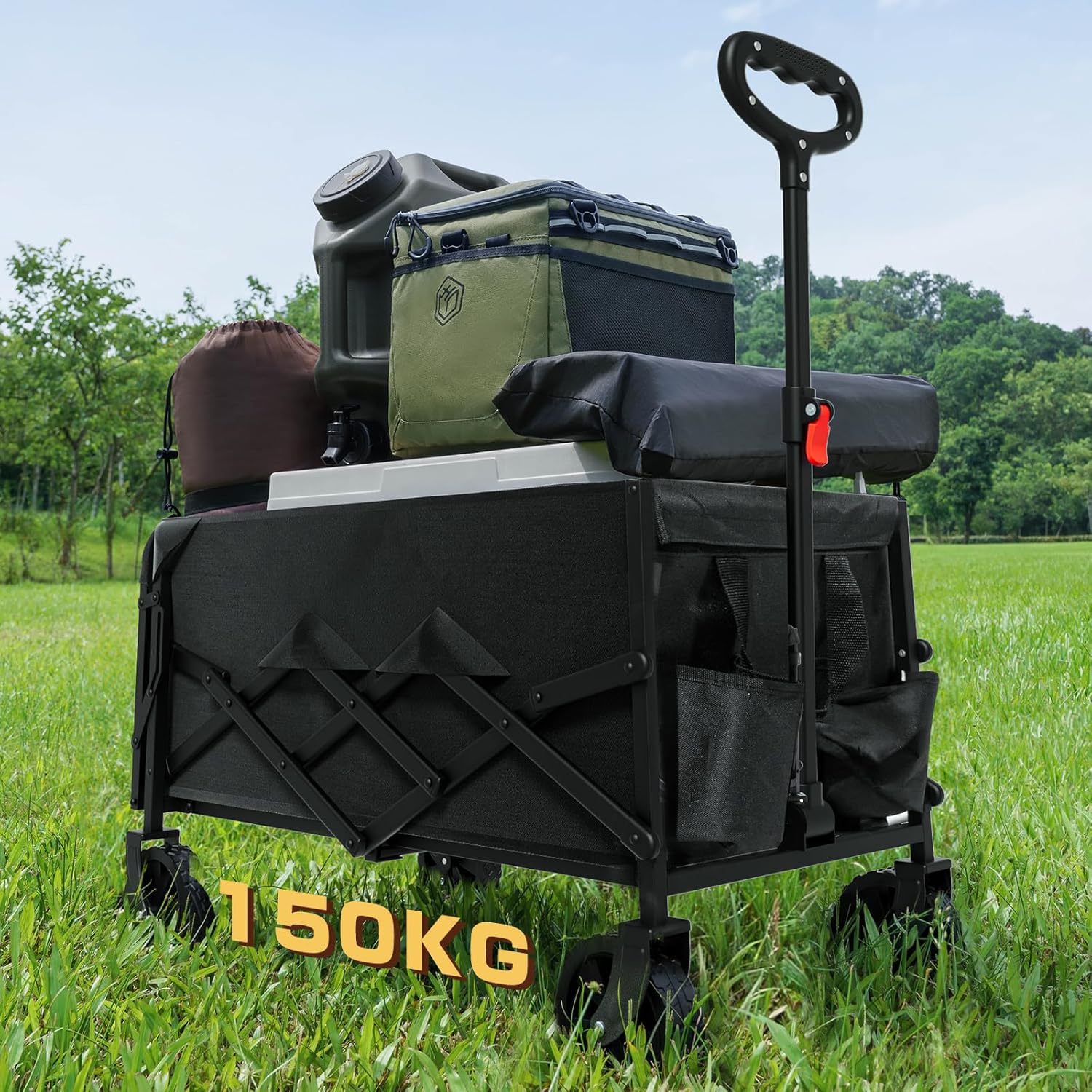 桜の季節限定 大容量135L アウトドアワゴン 折りたたみカート 150kg耐荷重 ブラック 収納バッグ付き