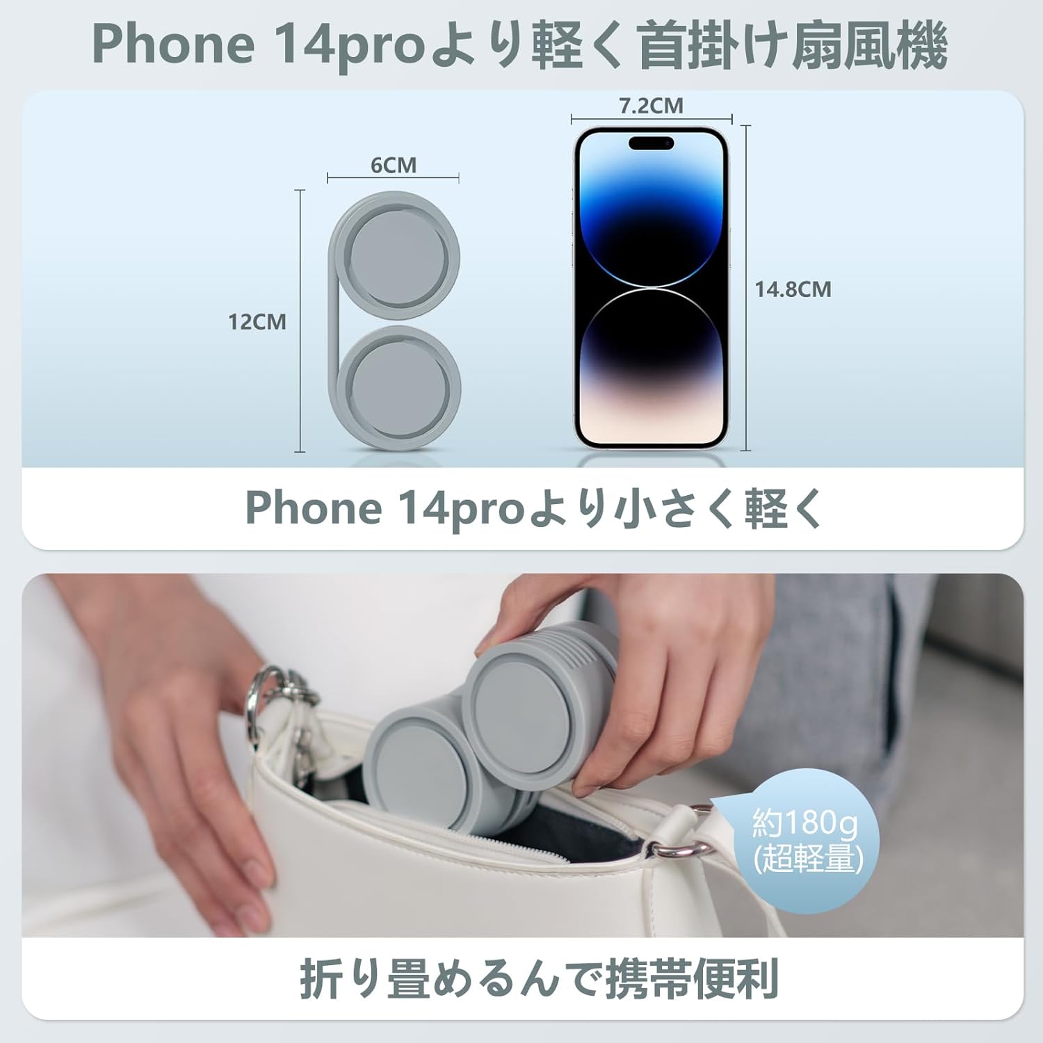 首掛け扇風機 アロマ機能付き 超軽量 USB C充電式 360度調整可能 - 高温対策・マスク蒸れ対策に最適 (グレー)