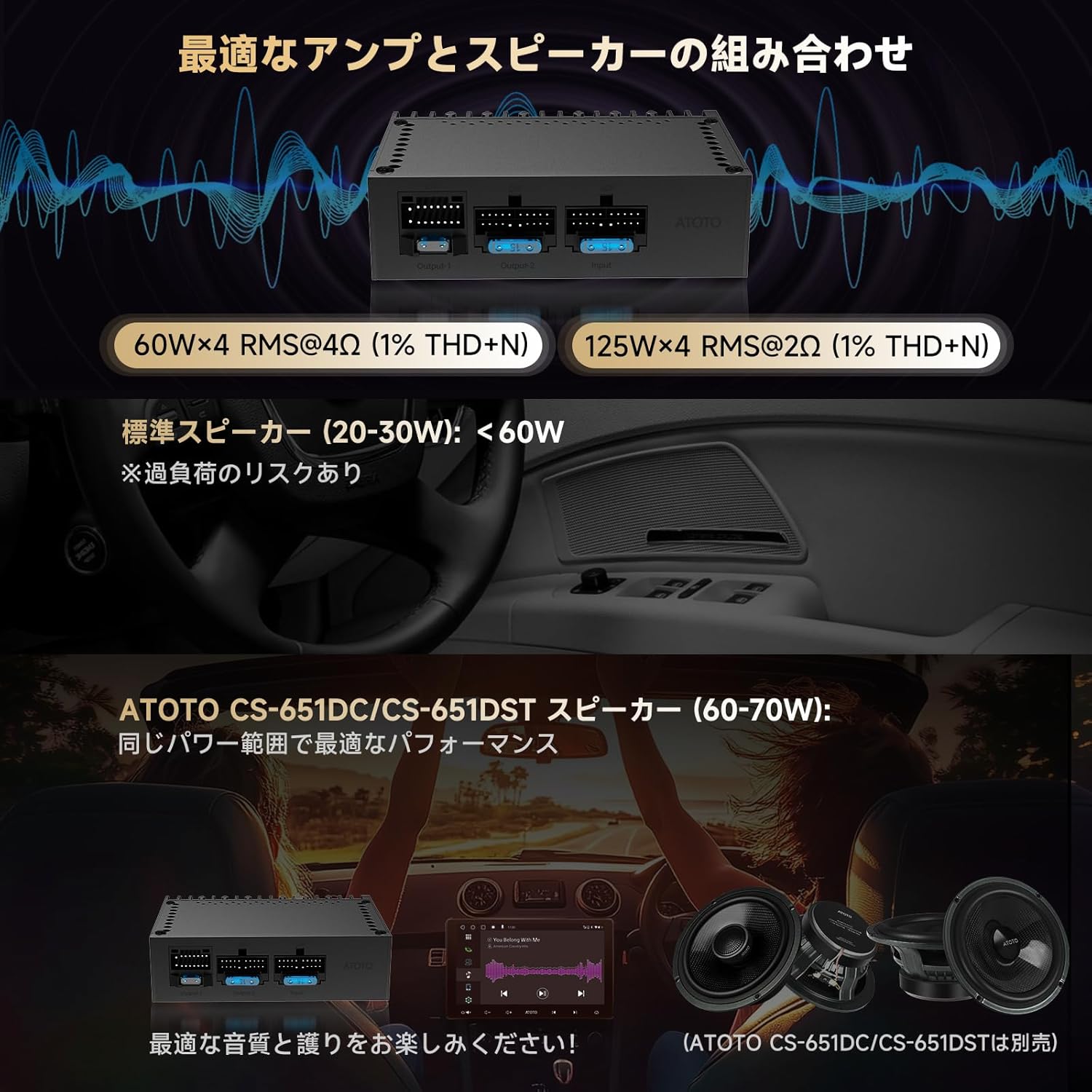 ATOTO CA-AEC122D 4チャンネルカーアンプ（7V-30V入力対応、低歪み、108dB SNR）