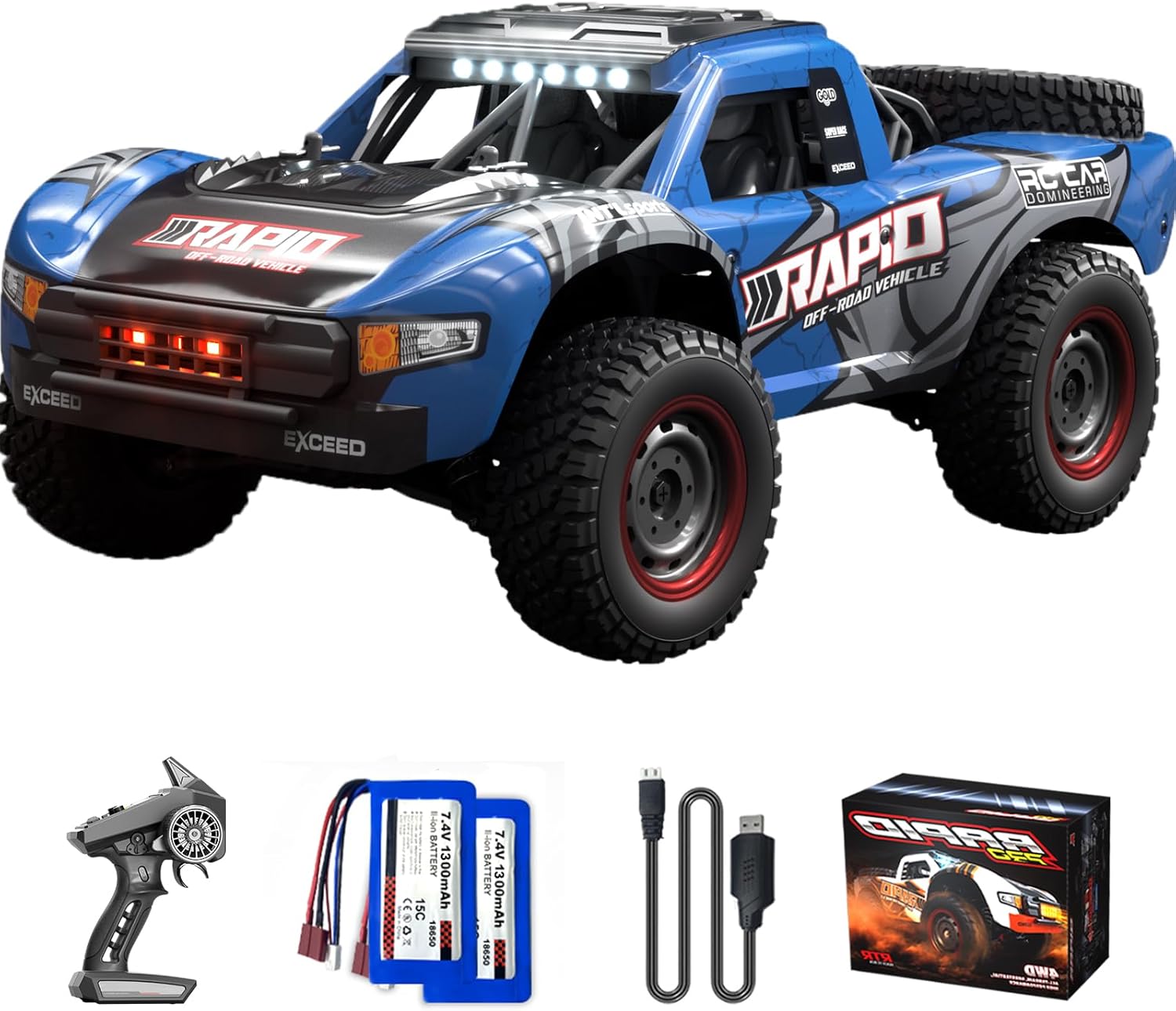 オフロード4WDラジコンカー（40/70km/h、ブラシレスモーター、LEDライト、操作時間40分）男の子向け 誕生日・クリスマスプレゼント Q130 (青)