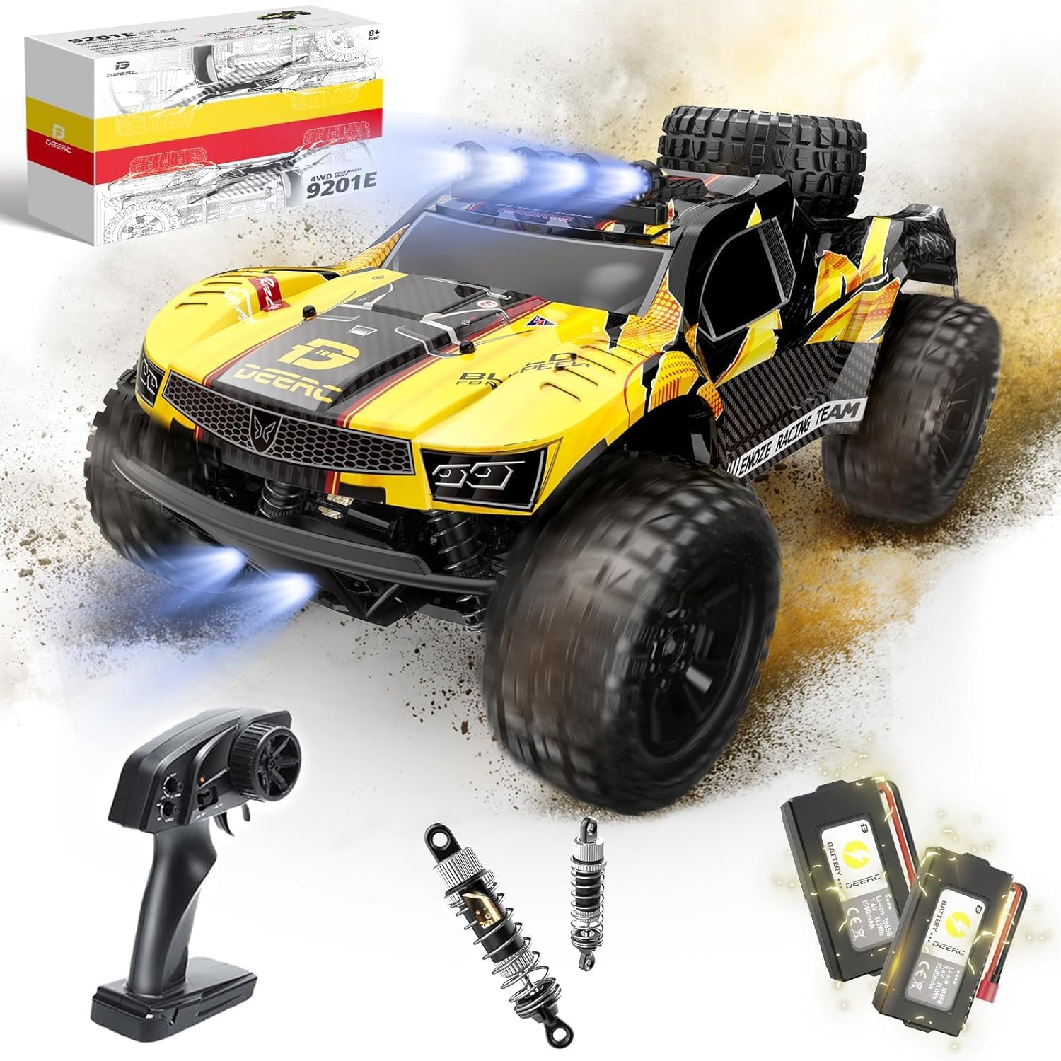 子ども向け 誕生日プレゼント DEERC 1/10スケール ラジコンカー 高速オフロード トロフィートラック LEDライト付き 交換用ボディ 40㎞/h 40分操作 2.4GHz 防振